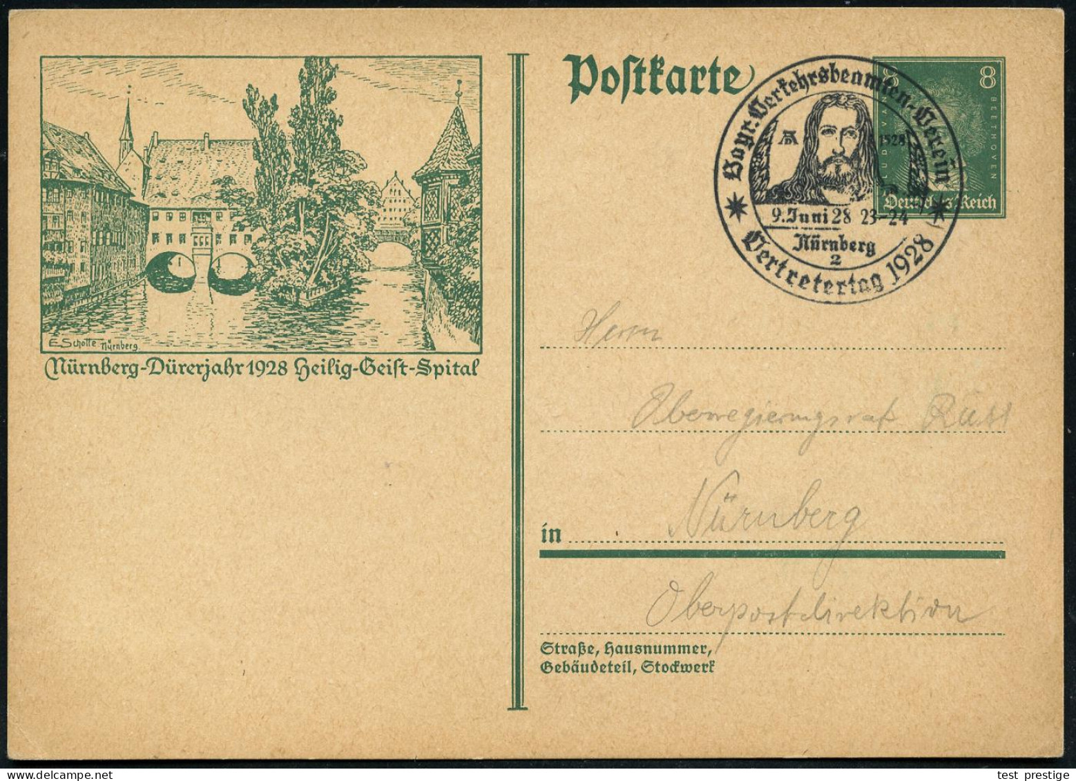 Nürnberg/ 2/ AD 1528/ Bayr.Verkehrsbeamten-Verein/ Vertretertag 1928 (8.6.) Seltener SSt = Dürer-Kopfbild 2x Klar Auf So - Otros & Sin Clasificación