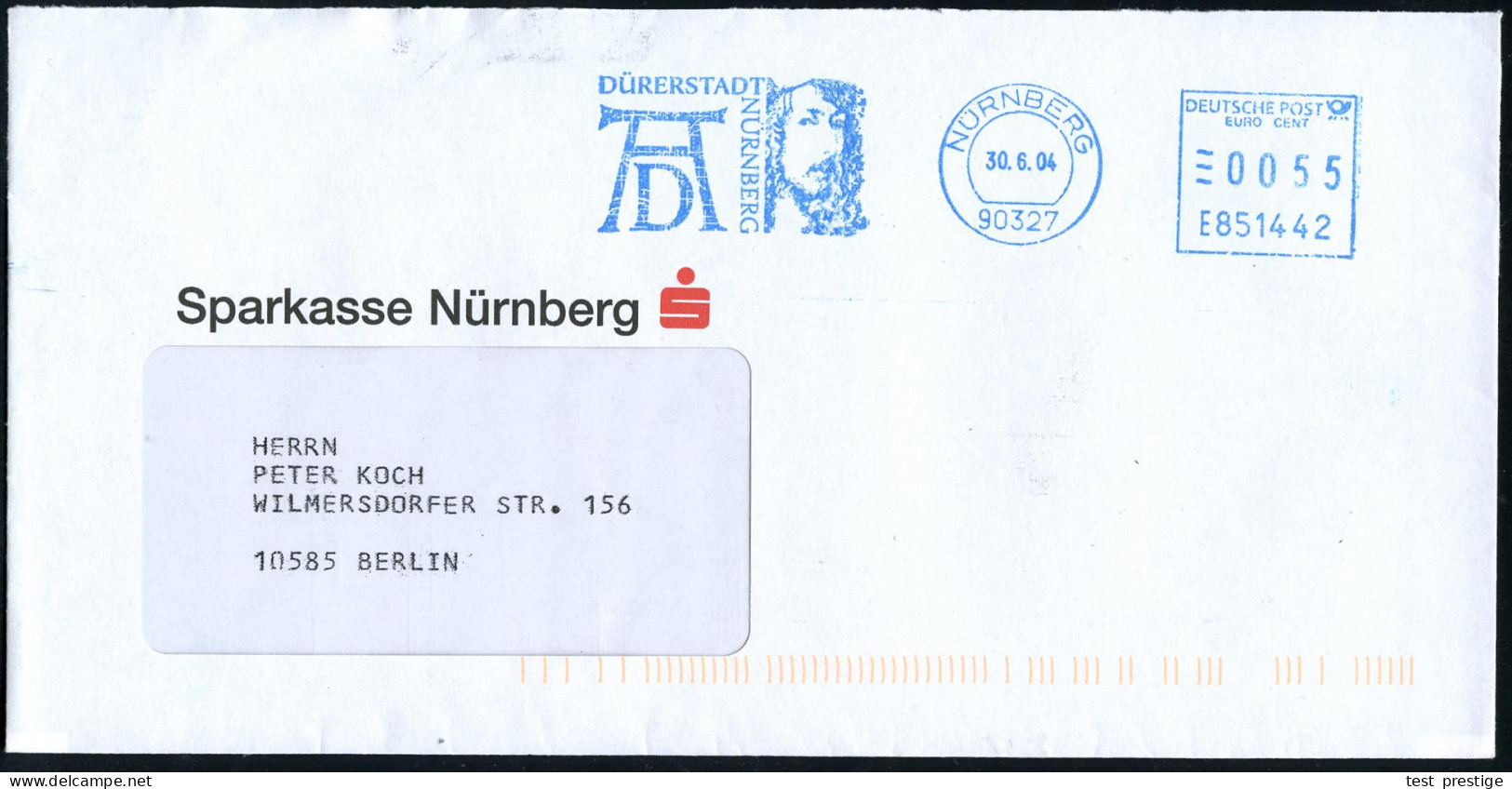 90327 NÜRNBERG/ AD/ DÜRERSTADT/ NÜRNBERG 2004 (30.6.) Blauer AFS Pitney-Bowes = Dürer-Portrait (u. Dürer-Monogr.) Firmen - Autres & Non Classés