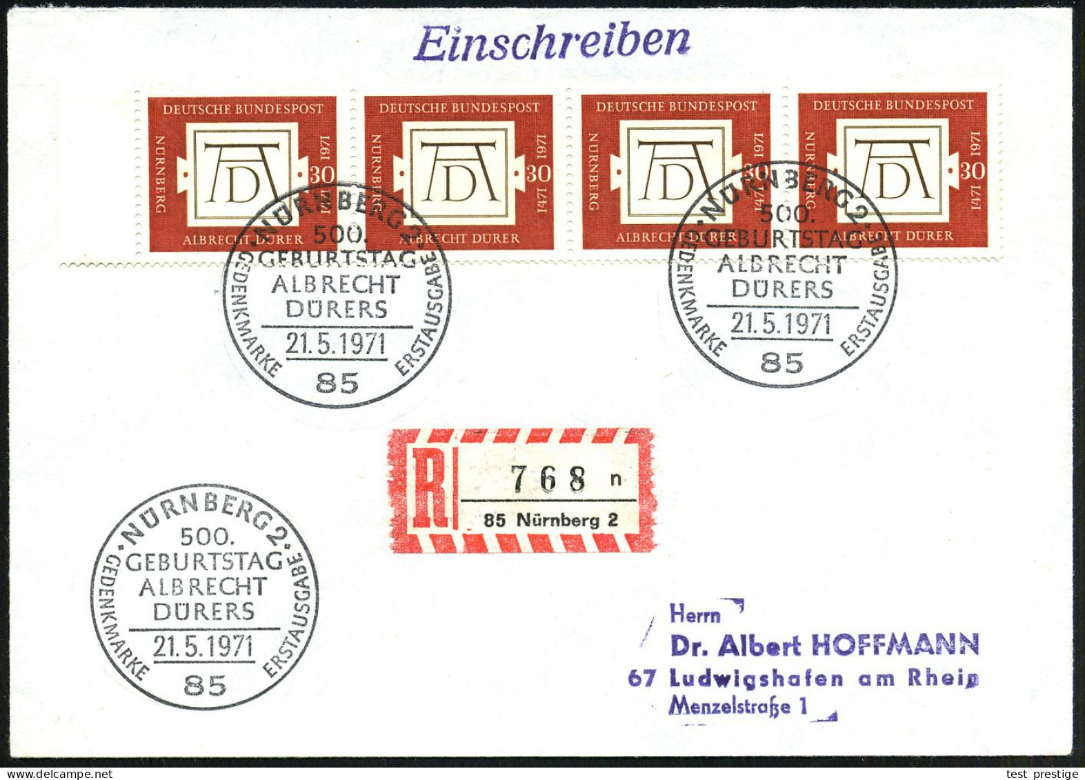 B.R.D. 1971 (21.5.) SSt.: 85 NÜRNBERG 2/500./GEBURTSTAG/ALBRECHT/DÜRERS.. Auf 4er-Streifen  MeF 30 Pf. Dürer (Mi.243 MeF - Autres & Non Classés