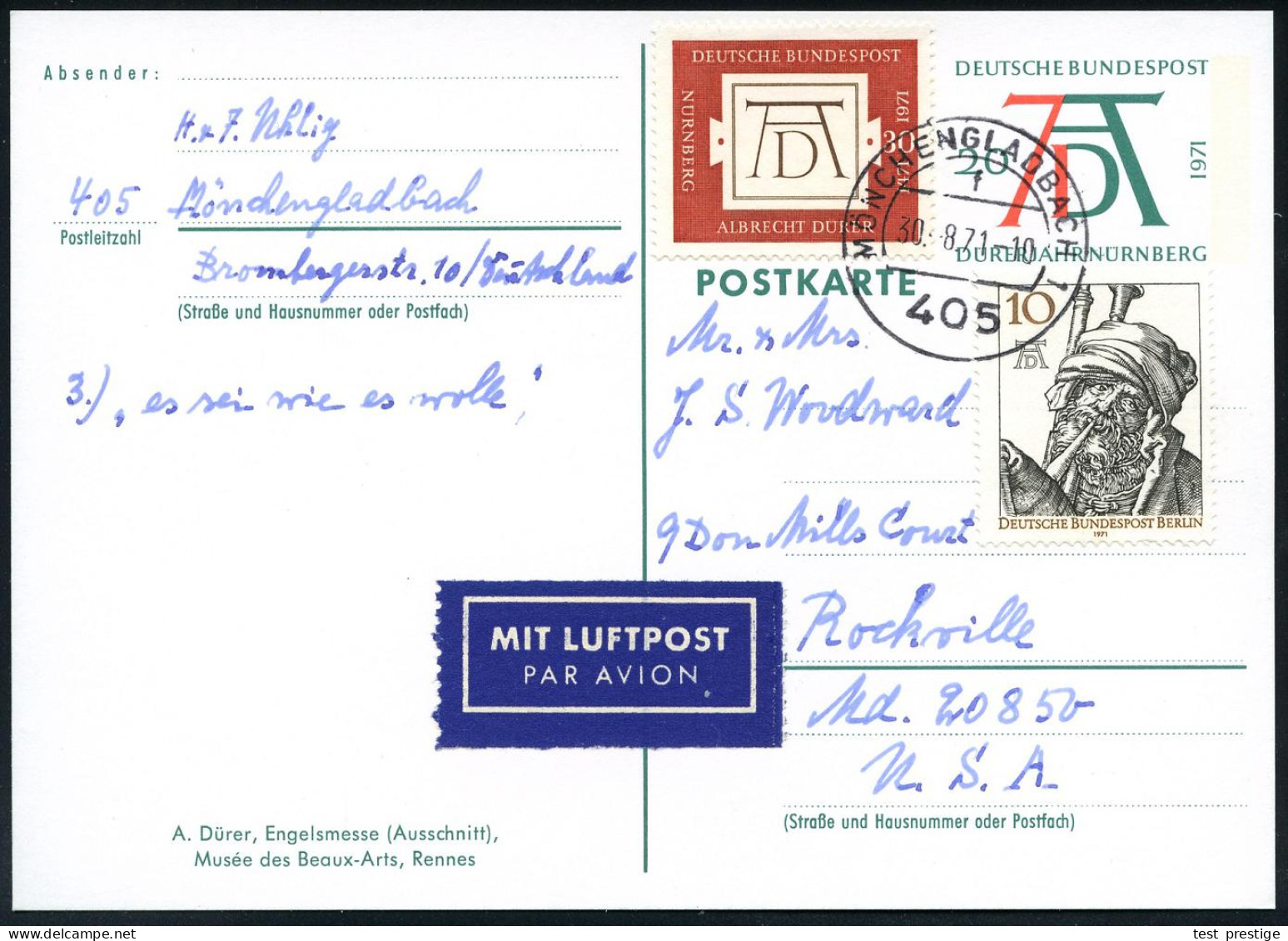B.R.D. 1971 (30.8.) 20 Pf. Sonder-P "500. Geburtstag A. Dürer": Flügel Der Nebelkrähe (Mi.P 100/03) + Zusatzfrankatur 10 - Sonstige & Ohne Zuordnung