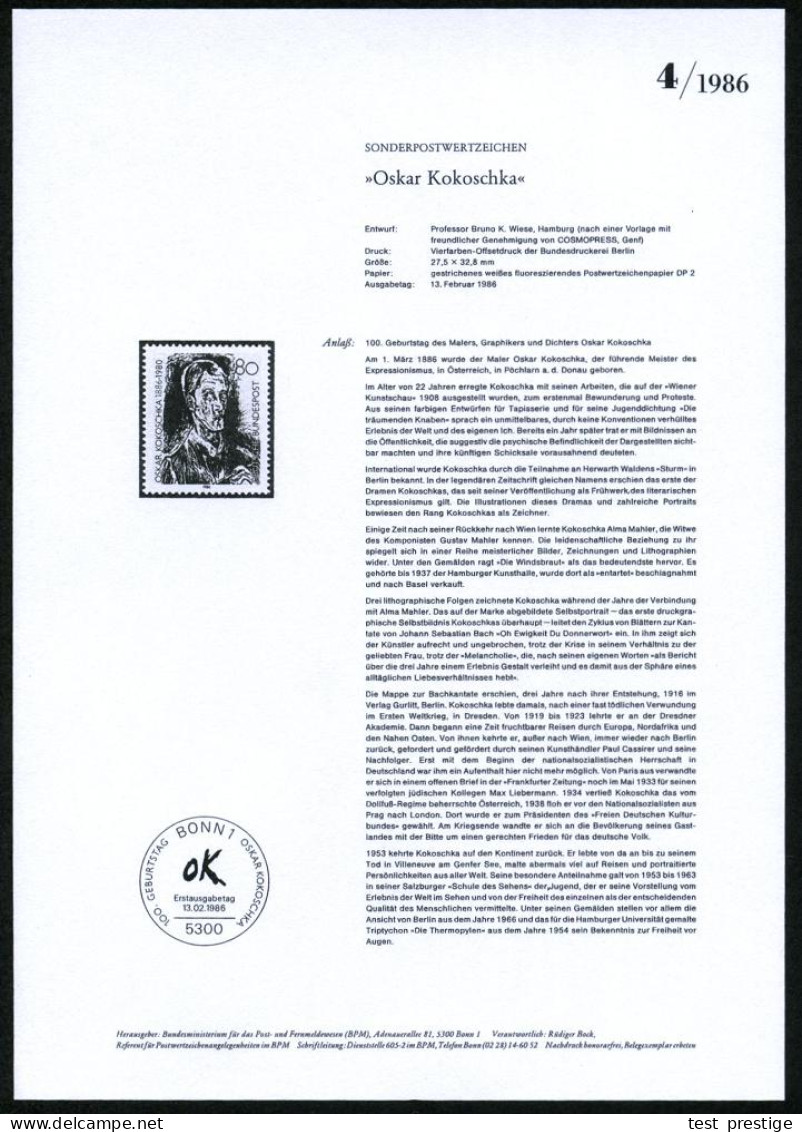 B.R.D. 1986 (Febr.) 80 Pf. "100. Geburtstag Oskar Kokoschka" (Selbstbildnis Aus "Bachkantate") Mit Amtl. Handstempel  "M - Otros & Sin Clasificación