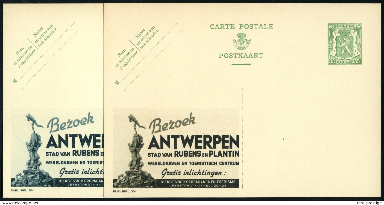 BELGIEN 1935 35 C. Reklame-P Grün: ANTWERPEN/ STAD VAN  R U B E N S   EN PLANTIN.. In 5 Farben, Kompl. Satz (Skulptur) P - Autres & Non Classés