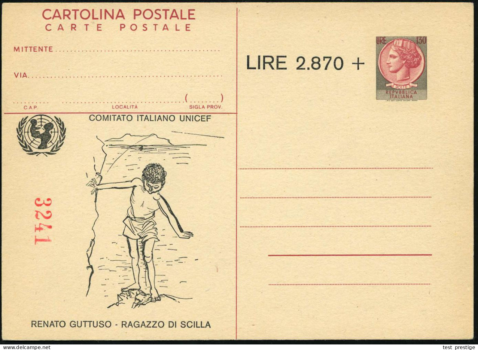 ITALIEN 1977 Amtl. P 130 L. "Italia" + Spenden-Zudruck: 2.870 LIRE: COMITATO ITALIANO UNICEF = RENATO GUTTUSO "RAGAZZO D - Other & Unclassified
