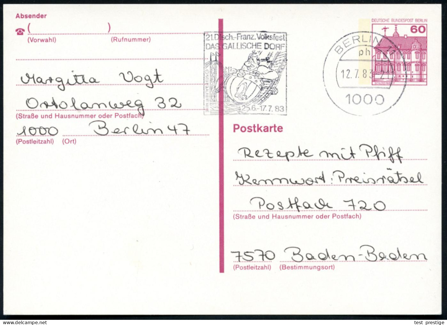 1000 BERLIN 11/ 21.Dtsch.-Franz.Volksfest/ DAS GALLISCHE DORF/ 26.6.-17.7. 1983 MWSt =  O B E L I X  Auf Der Achterbahn  - Bandes Dessinées