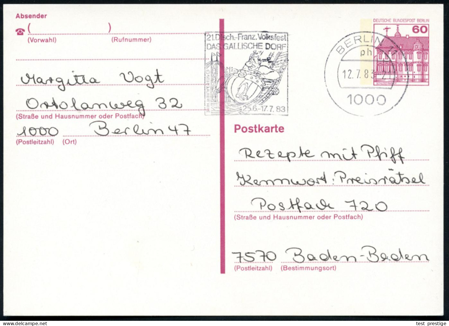 1000 BERLIN 11/ 21.Dtsch.-Franz.Volksfest/ DAS GALLISCHE DORF/ 26.6.-17.7. 1983 MWSt =  O B E L I X  Auf Der Achterbahn  - Stripsverhalen