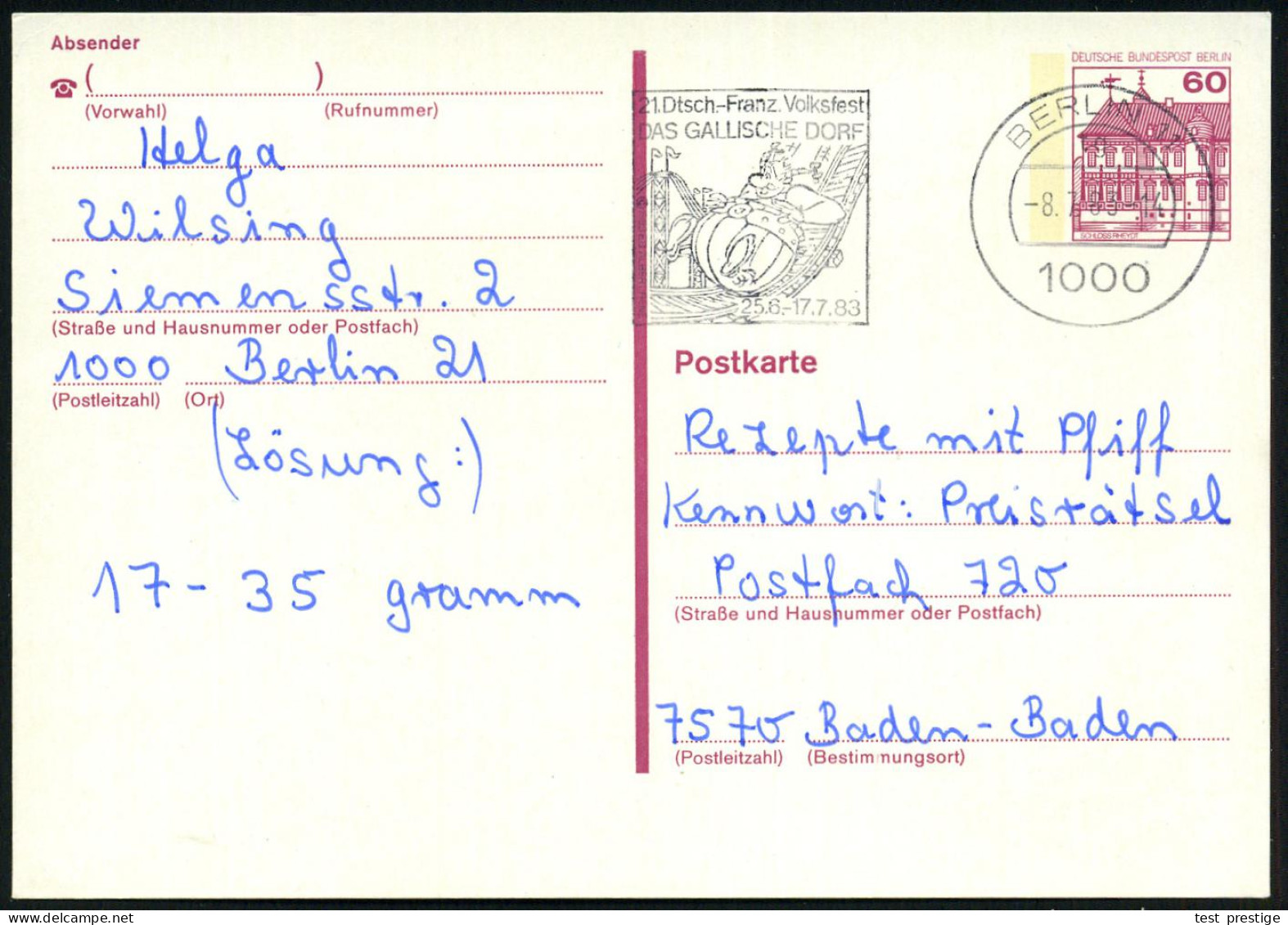 1000 BERLIN 11/ 21.Dtsch.-Franz.Volksfest/ DAS GALLISCHE DORF/ 26.6.-17.7. 1983 MWSt =  O B E L I X  Auf Der Achterbahn  - Cómics