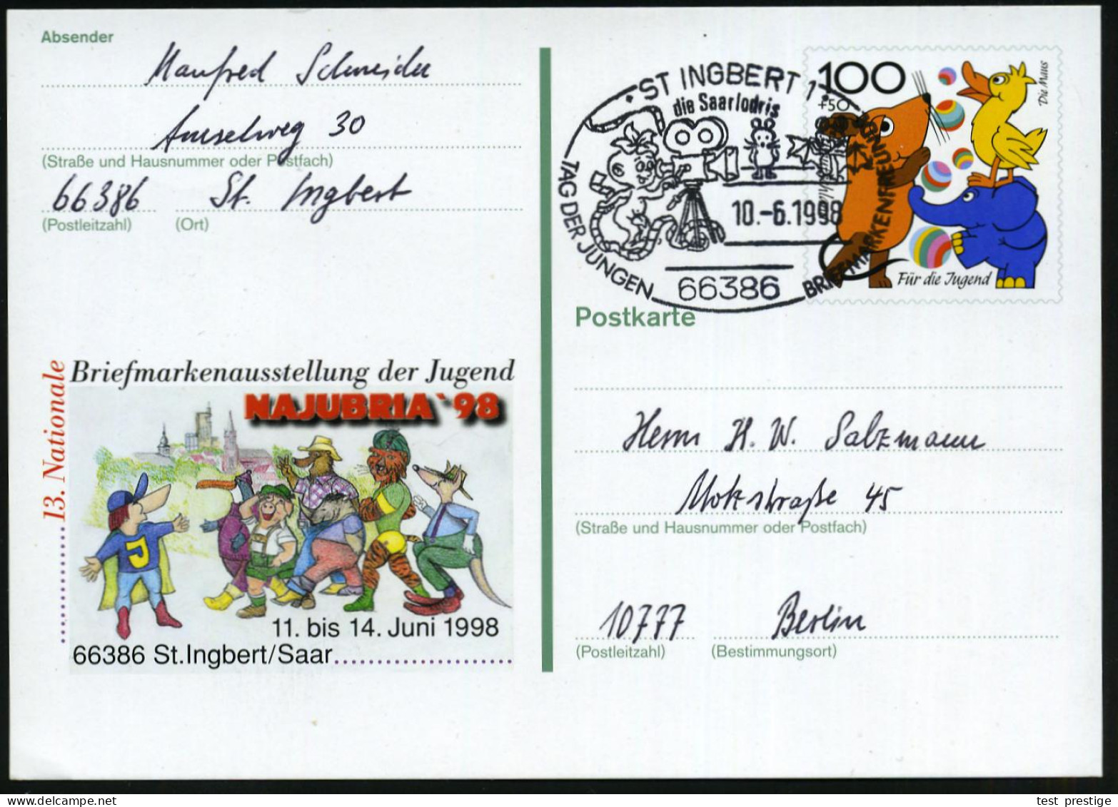 St.Ingbert 1998 100 Pf. Sonder-P "Für Die Jugend" = Comic-Figuren: Maus, Ente, Elefant, Tiger, Känguruh U.a. , 1x Passen - Stripsverhalen