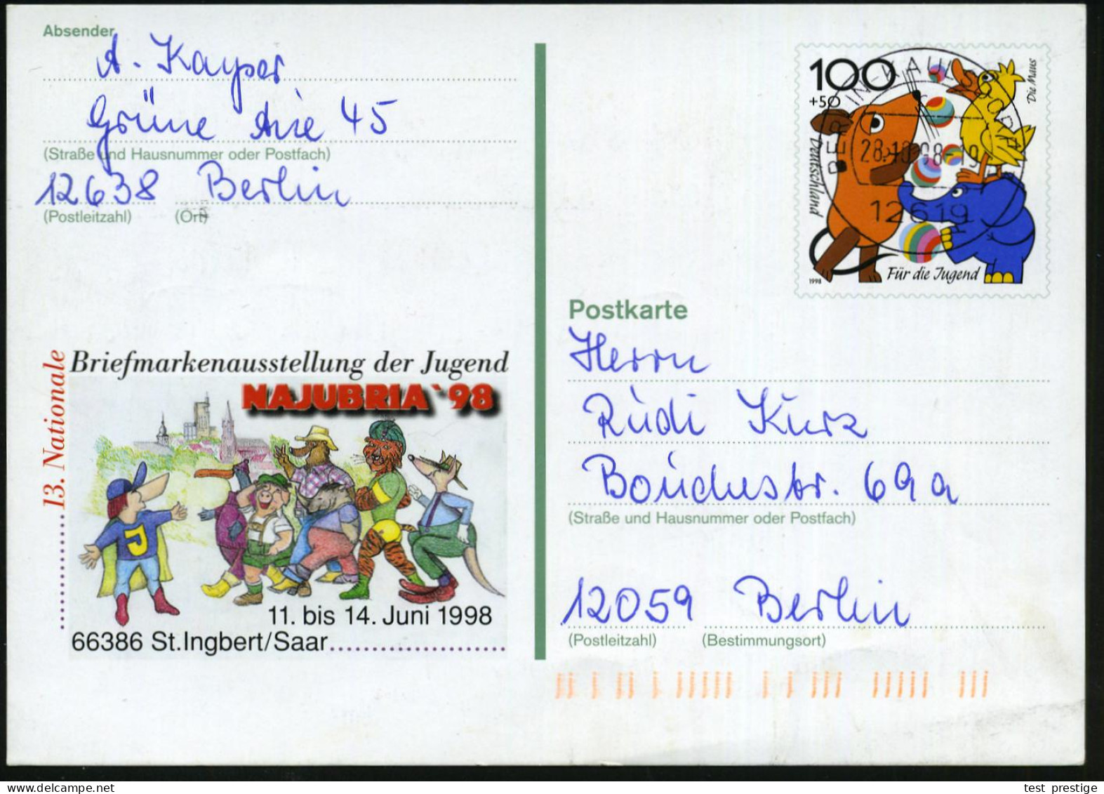 St.Ingbert 1998 100 Pf. Sonder-P "Für Die Jugend" = Comic-Figuren: Maus, Ente, Elefant, Tiger, Känguruh U.a. , 1x Passen - Cómics