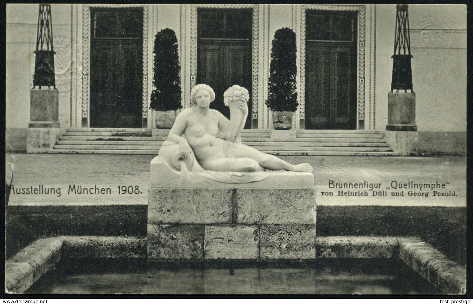 MÜNCHEN 1908/ AUSSTELLUNG 1908 (14.9.) SSt (3-Zeiler) Auf PP 5 Pf. Wappen, Grün: Brunnenfigur "Quellnymphe".. (u. Eingan - Escultura