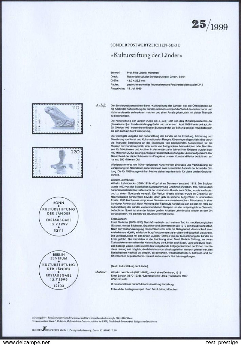 B.R.D. 1999 "Kulturstiftung Der Länder" 110 Pf. Ernst Barlach "Lachende Alte" U. 220 Pf. W. Lehmbruck "Kopf Eines Denker - Escultura