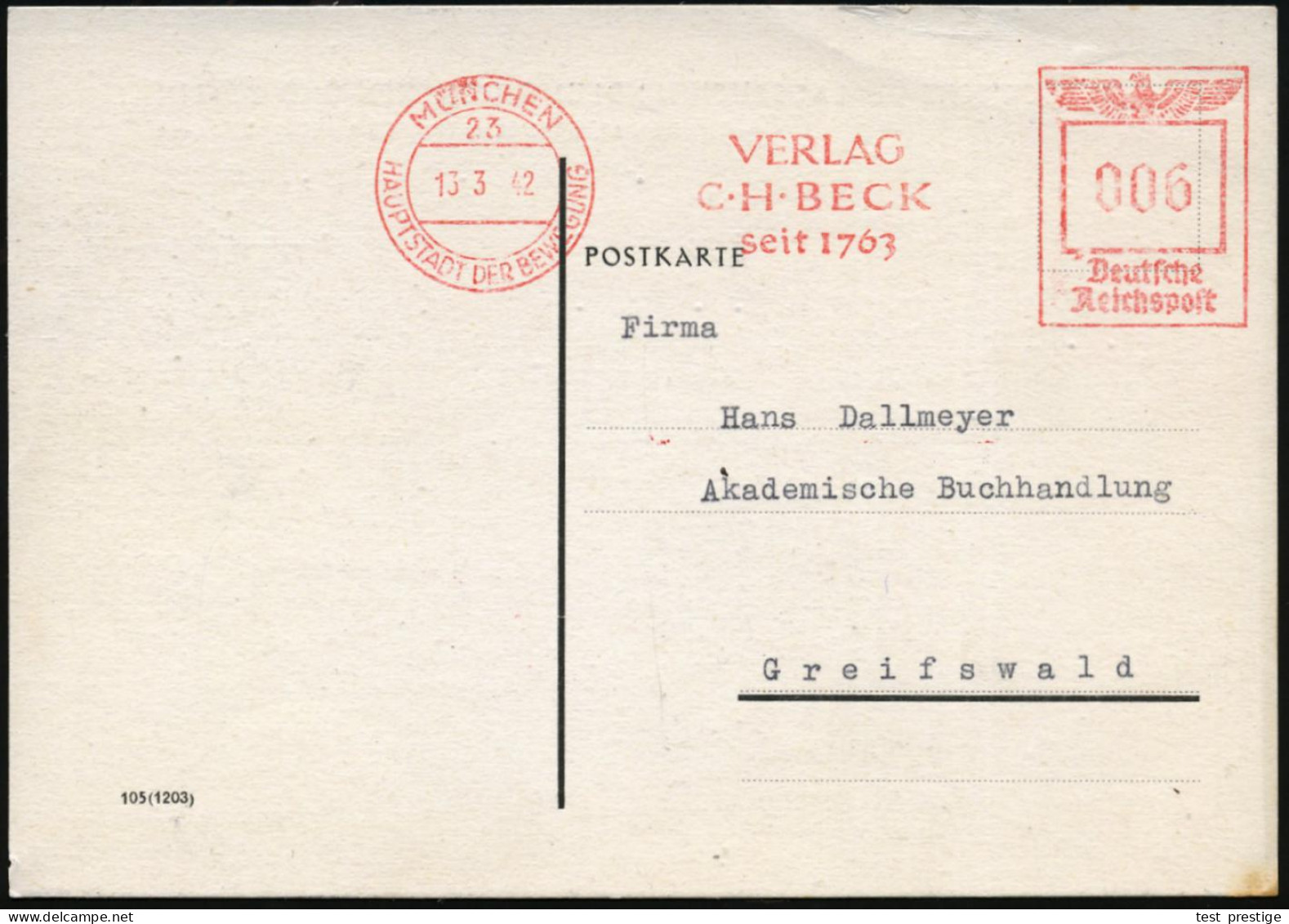 MÜNCHEN/ 23/ HDB/ VERLAG/ C.H.BECK/ Seit 1763 1942 (13.3.) AFS Francotyp + Rs. Roter 2L , Bis Vorrangig 1945 Jurist. Fac - Sonstige