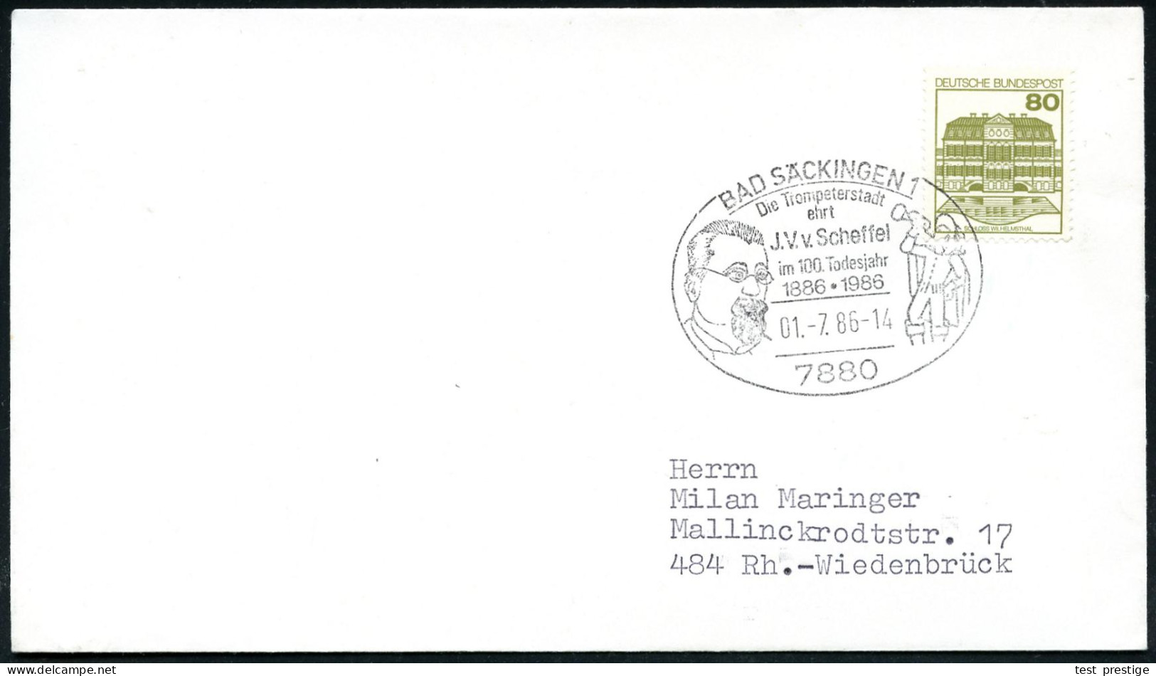 7880 BAD SÄCKINGEN 1/ Die Trompeterstadt/ Ehrt/ J.V.v.Scheffel.. 1986 (1.7.) SSt = Kopfbild U. Trompeter , Klar Gest. In - Schrijvers