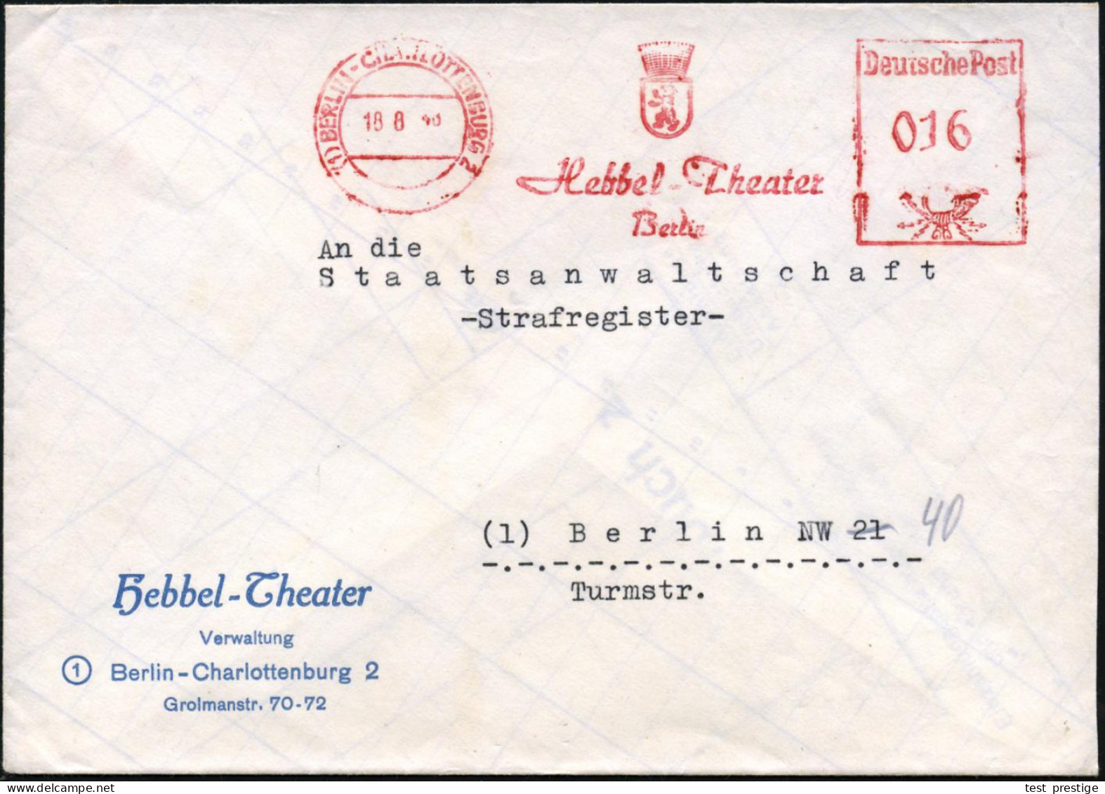 (1) BERLIN-CHARLOTTENBURG 2/ Hebbel-Theater 1948 (18.8.) AFS Francotyp (Berliner Wappen) Vordruck-Bf.: Hebbel-Theater, T - Escritores