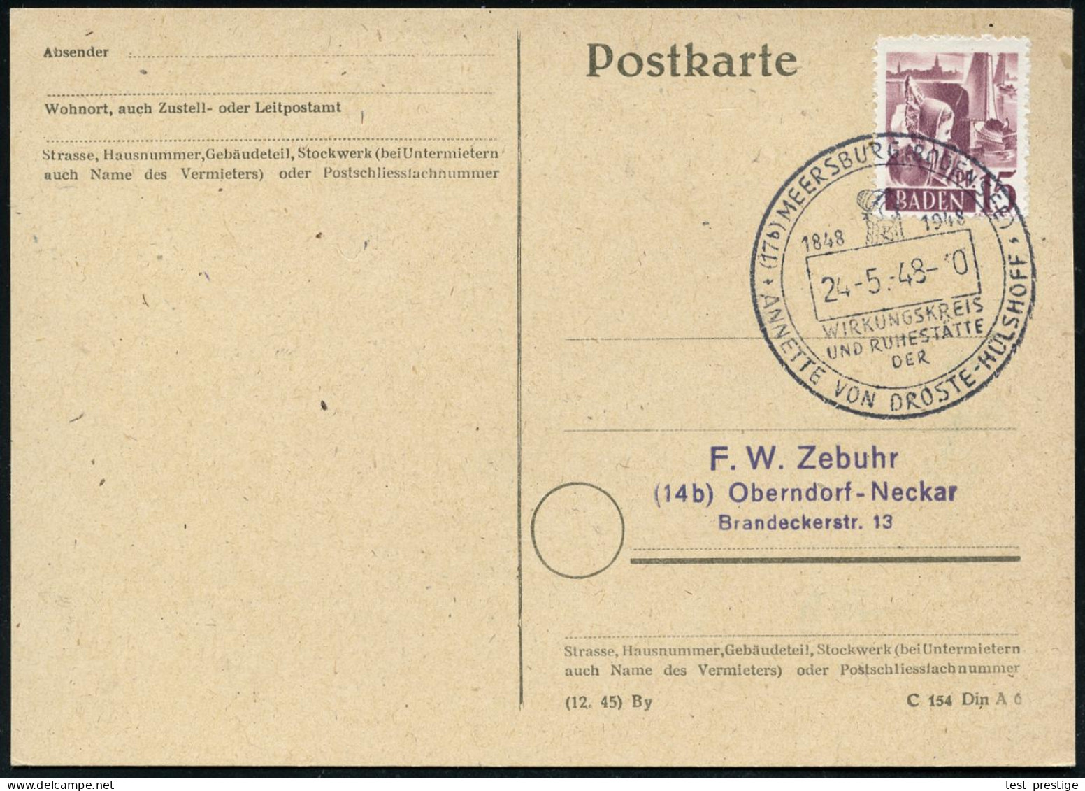 (17b) MEERSBURG (BODENSEE)/ WIRKUNGSKREIS/ U.RUHESTÄTTE/ DER/ ANNETTE VON DROSTE-HÜLSHOFF 1948 (24.5.) SSt = Kopfbild, E - Ecrivains