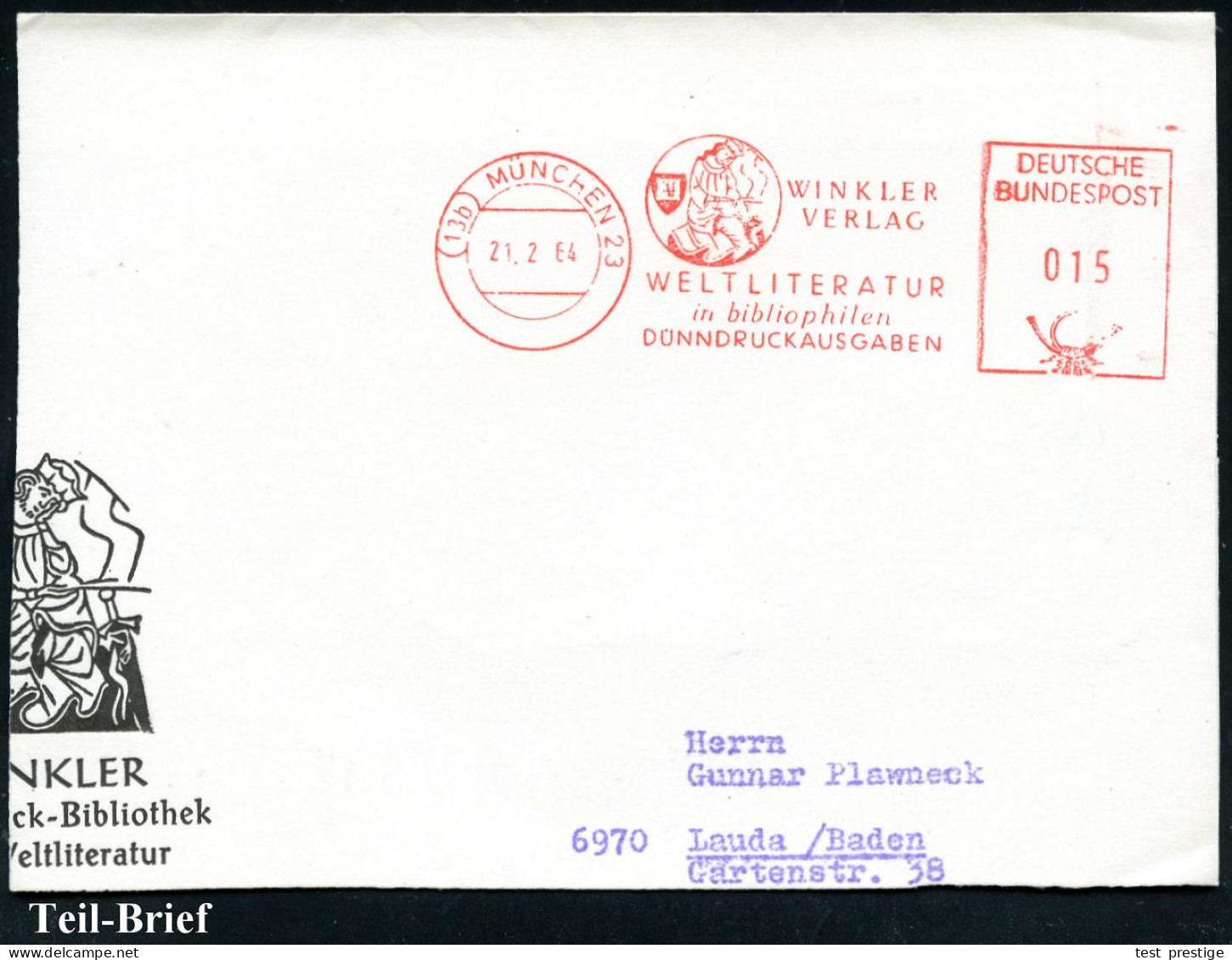 (13b) MÜNCHEN 23/ WINKLER/ VERLAG/ WELTLITERATUR.. 1964 (21.2.) AFS Postalia = Mittelalterliche Buchmalerei Mit Minnesän - Writers