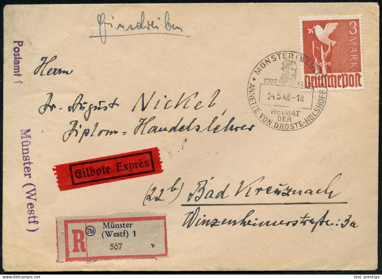 MÜNSTER (WESTF)/ 1797 1848/ HEIMAT/ DER/ °ANNETTE VON DROSTE-HÜLSHOFF° 1948 (24.5.) SSt = Kopfbild Auf EF 3 RM Taube (Mi - Escritores