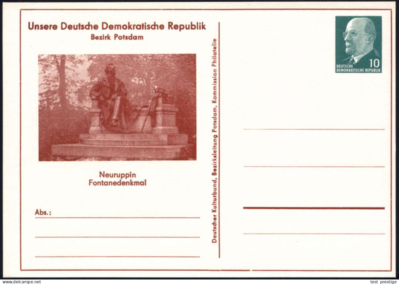 Neuruppin 1968 PP 10 Pf. Ulbricht, Grün: Fontanedenkmal , *30.12.1819 - 20.9.1898, Apotheker, Autor, Journalist, Werke ü - Schrijvers