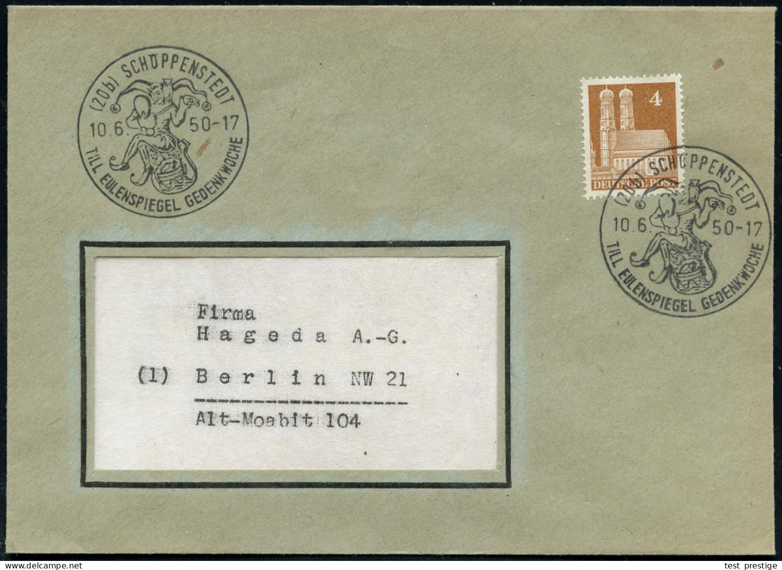 (20b) SCHÖPPENSTEDT/ TILL EULENSPIEGEL GEDENKWOCHE 1950 (10.6.) SSt = Till Eulenspiegel (auf Stadtwappen) Klar Gest. Inl - Schriftsteller