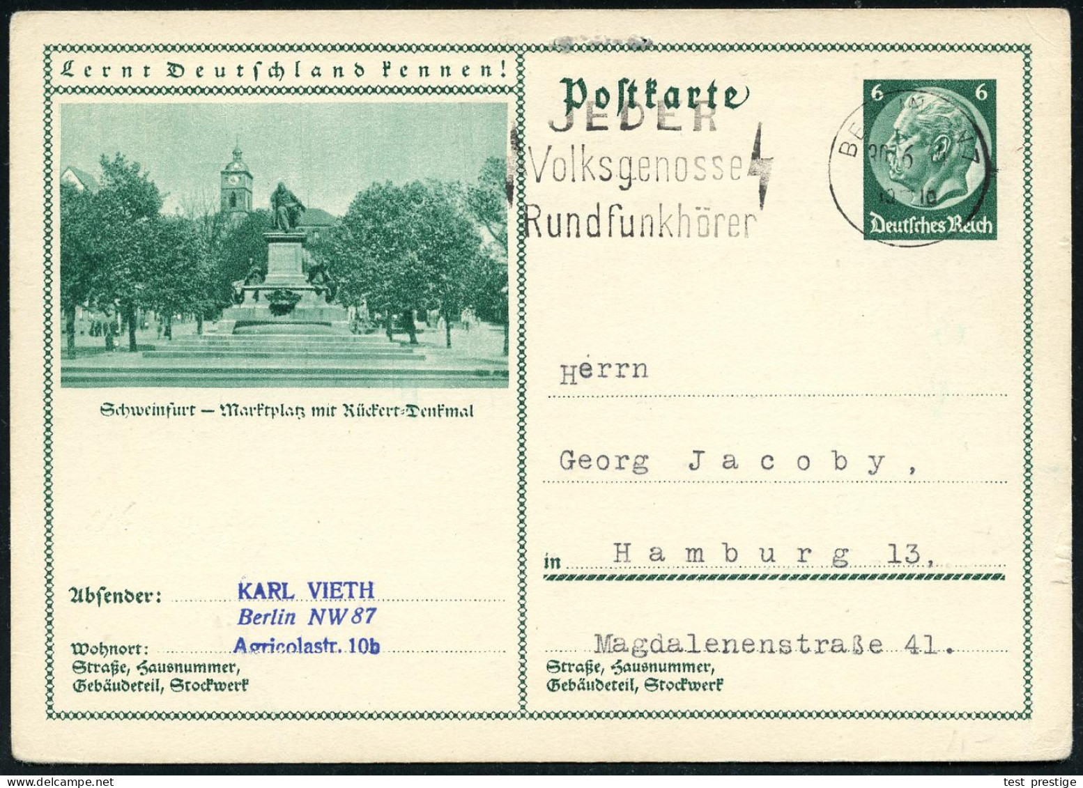 Schweinfurt 1934 (30.6.) 6 Pf. BiP Hindenburg, Grün: Rückert-Denkmal = Autor, Orientalist  U. Übersetzer Oriental. Liter - Schrijvers