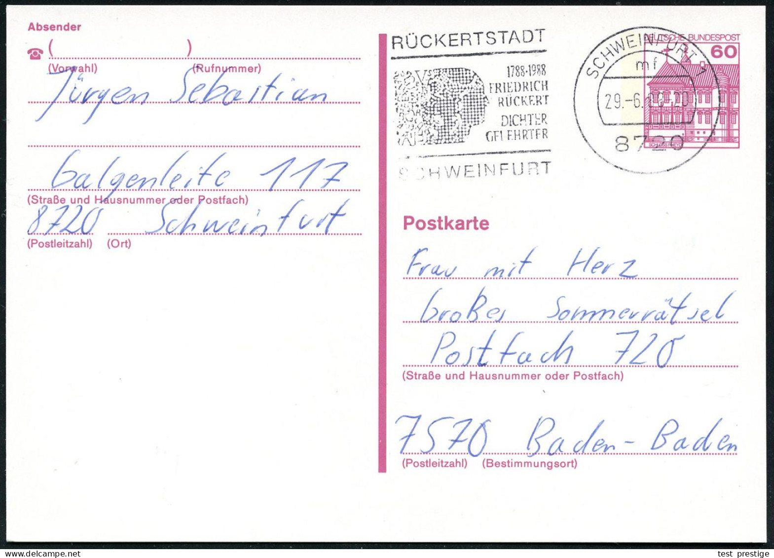 8720 SCHWEINFURT 1/ Mf/ RÜCKERTSTADT/ 1788-1988/ FRIEDR./ RÜCKERT.. 1988 MWSt = Kopfprofil Rückert = Autor, Orientalist, - Writers