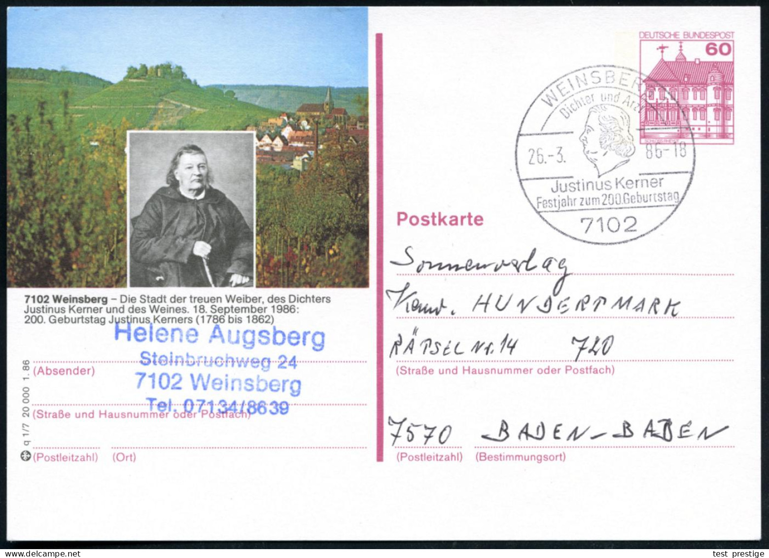 7102 WEINSBERG 1/ Dichter U.Arzt/ Justinus Kerner/ Festjahr Zum 200.Geburtstag 1986 (26.3.) HWSt = Kopfbild Auf Ortsglei - Writers