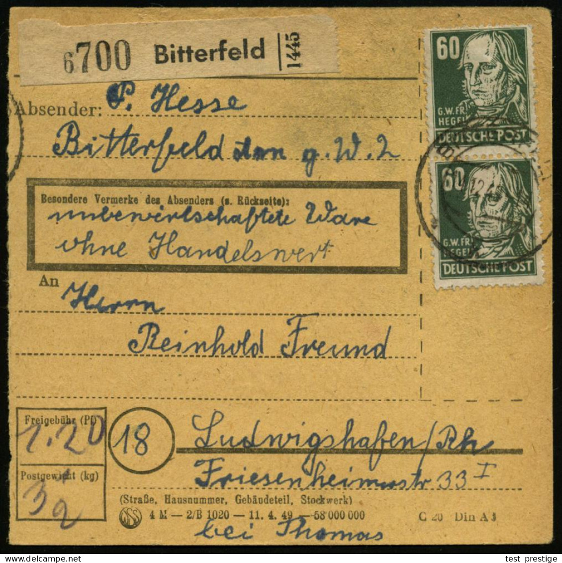 D.D.R. 1949 (11.12.) 60 Pf. Georg Hegel, Senkr. Paar (einige Kurze Zähne) Sauber Gest. + Paketzettel: Bitterfeld, Inl.-P - Writers