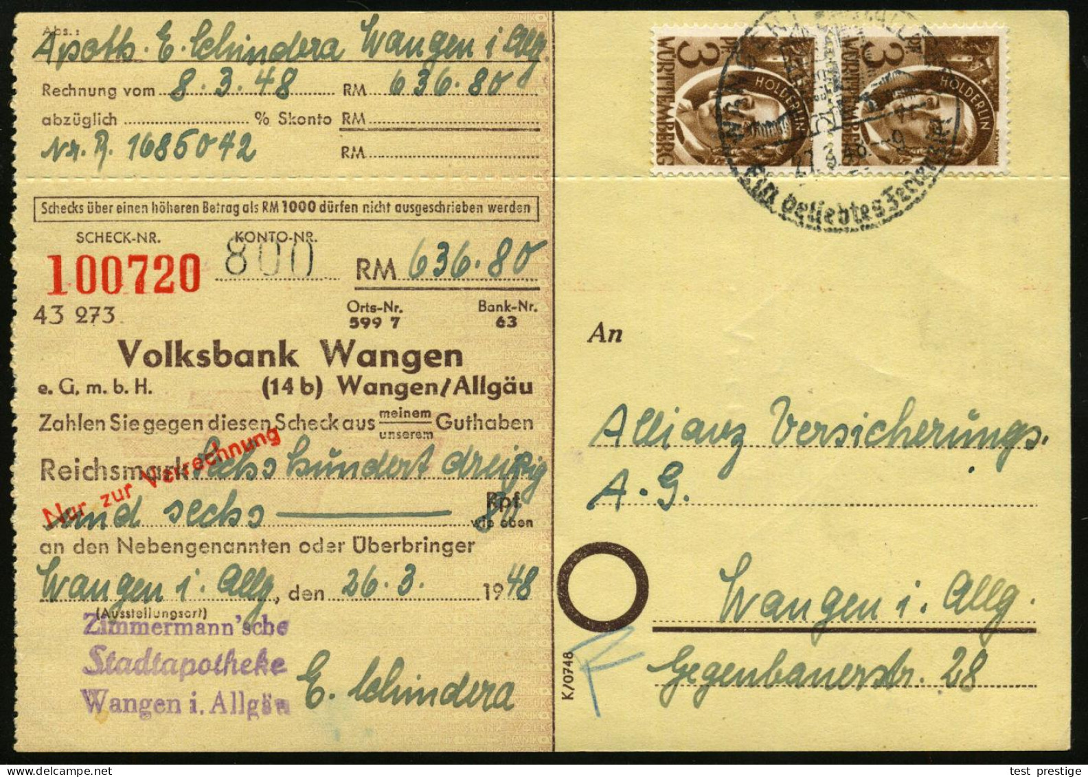 WÜRTTEMBERG 1948 (27.3.) 3 Pf. Friedr. Hölderlin, Reine MeF: Vertikales Paar , Sauber Gest. (WANGEN) Frankierter Bank-Sc - Schriftsteller