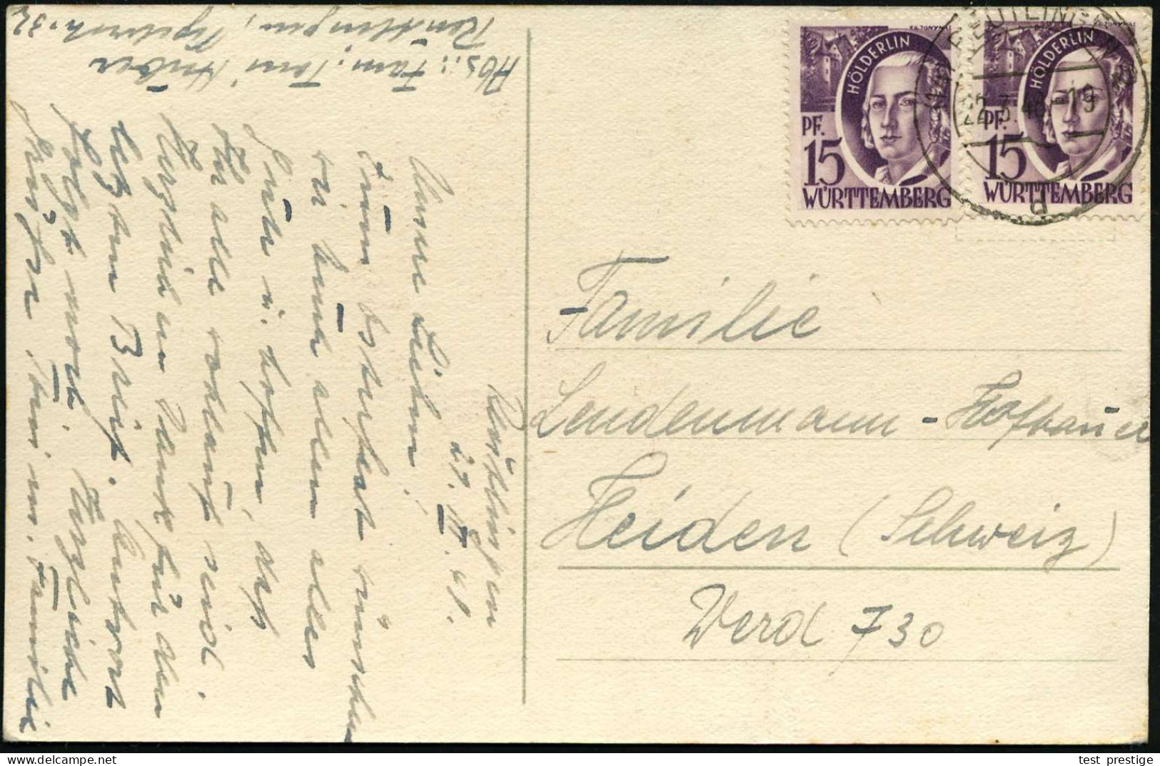 WÜRTTEMBERG 1948 (22.3.) 15 Pf. Hölderlin, Viol., Reine MeF: 2 Stück , Portorichtige Bedarfs-Ausl.-Karte (Mi.5 MeF, + 50 - Ecrivains