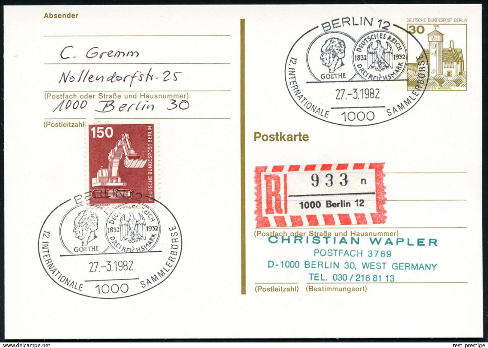 1000 BERLIN 12/ 12.INT.SAMMLERBÖRSE/ GOETHE.. 1982 (27.3.) SSt = Goethe-Münze 3 RM Von 1932 2x Klar + RZ: 1000 Berlin 12 - Ecrivains