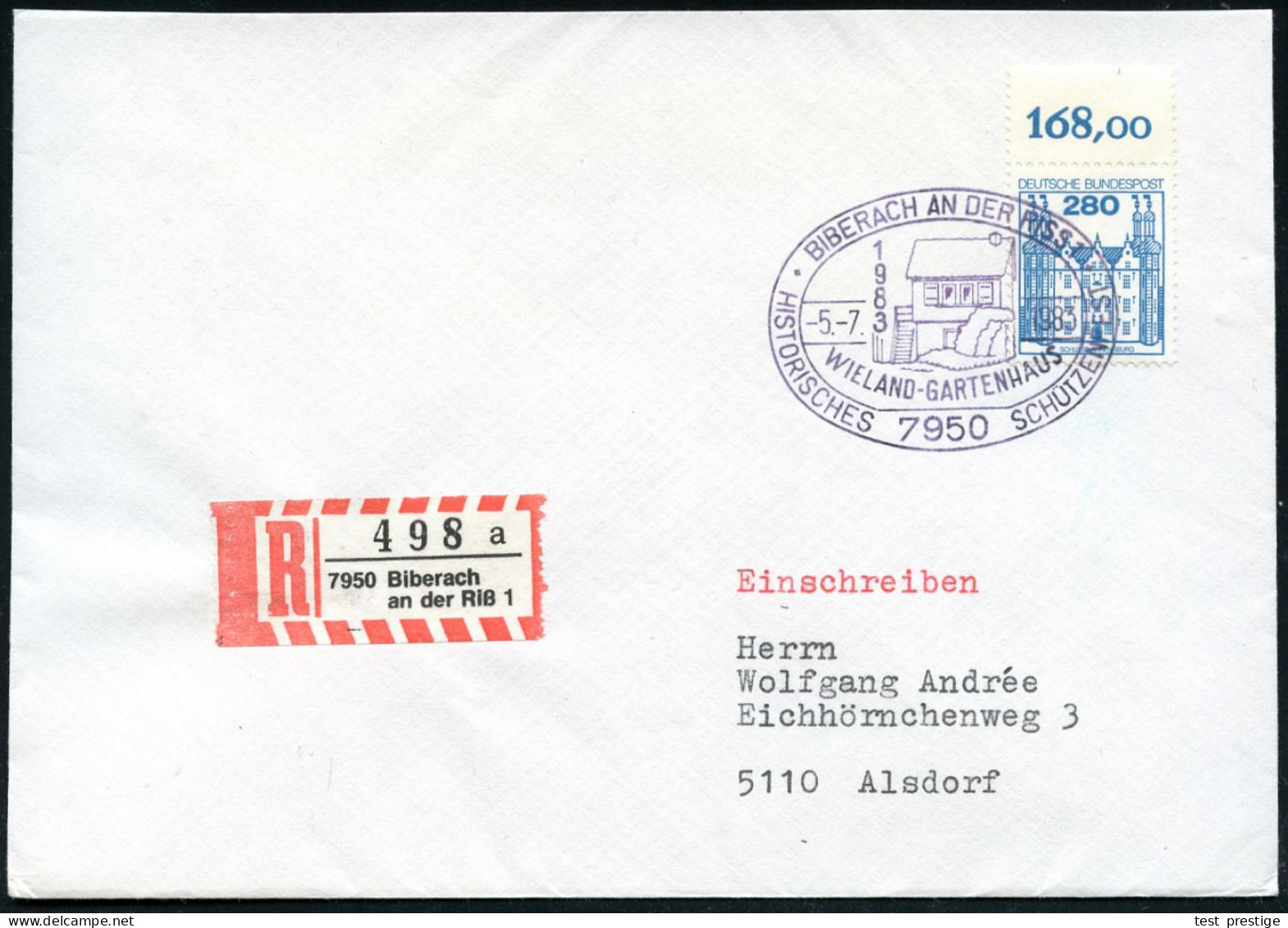 7950 BIBERACH AN DER RISS 1/ WIELAND-GARTENHAUS.. 1983 (5.7.) SSt = Gartenhaus + RZ: 7950 Biberach/an Der Riß 1/a , Klar - Writers