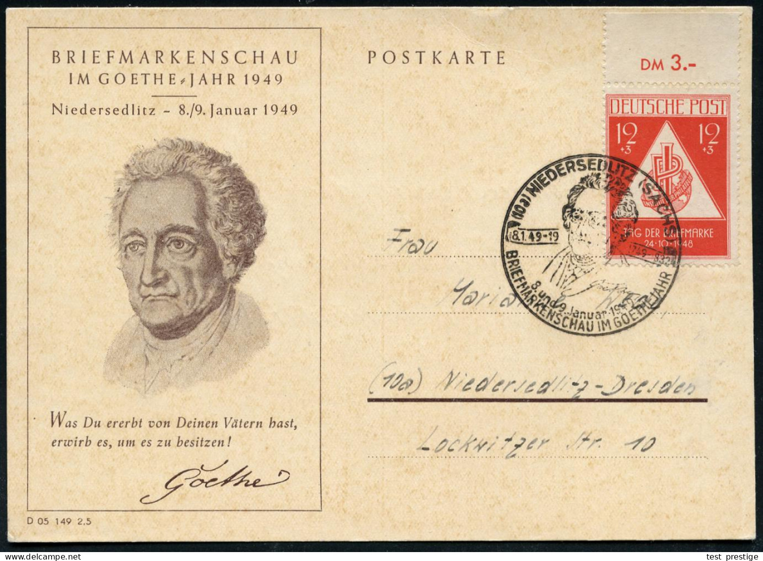 (10a) NIEDERSEDLITZ (SACHS)/ BRIEFMARKENSCHAU IM GOETHEJAHR 1949 (Jan.) Seltener SSt = Goethe-Portrait (Alters-Brustbild - Escritores