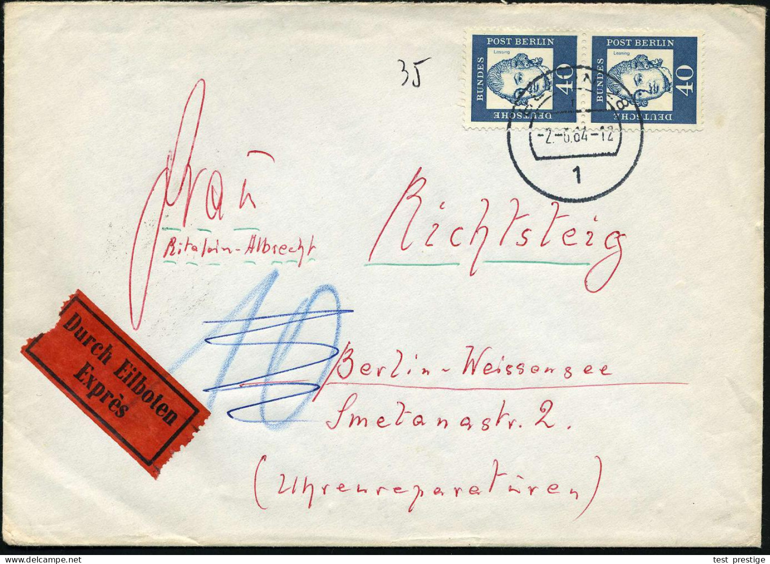 BERLIN 1964 (2.6.) 40 Pf. G.E. Lessing, Reine MeF: Vertikales Paar , Klar Gest. (1 BERLIN 28) Nachgebühr-Orts-Eil-Bf. N. - Theatre