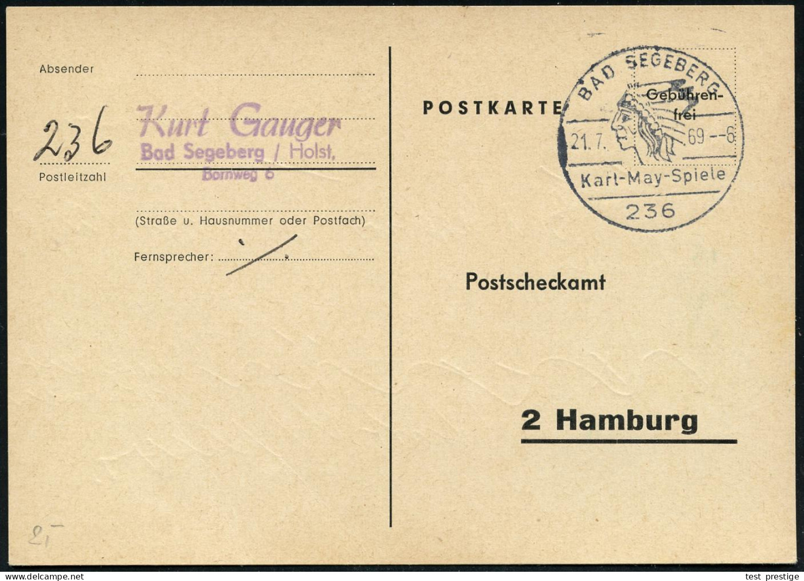 236 BAD SEGEBERG/ Karl-Mai-Spiele 1969 (21.7.) HWSt (Indianerkopf) Klar Auf Markenloser Postdienst-Kt.: Postscheckamt 2  - Ecrivains