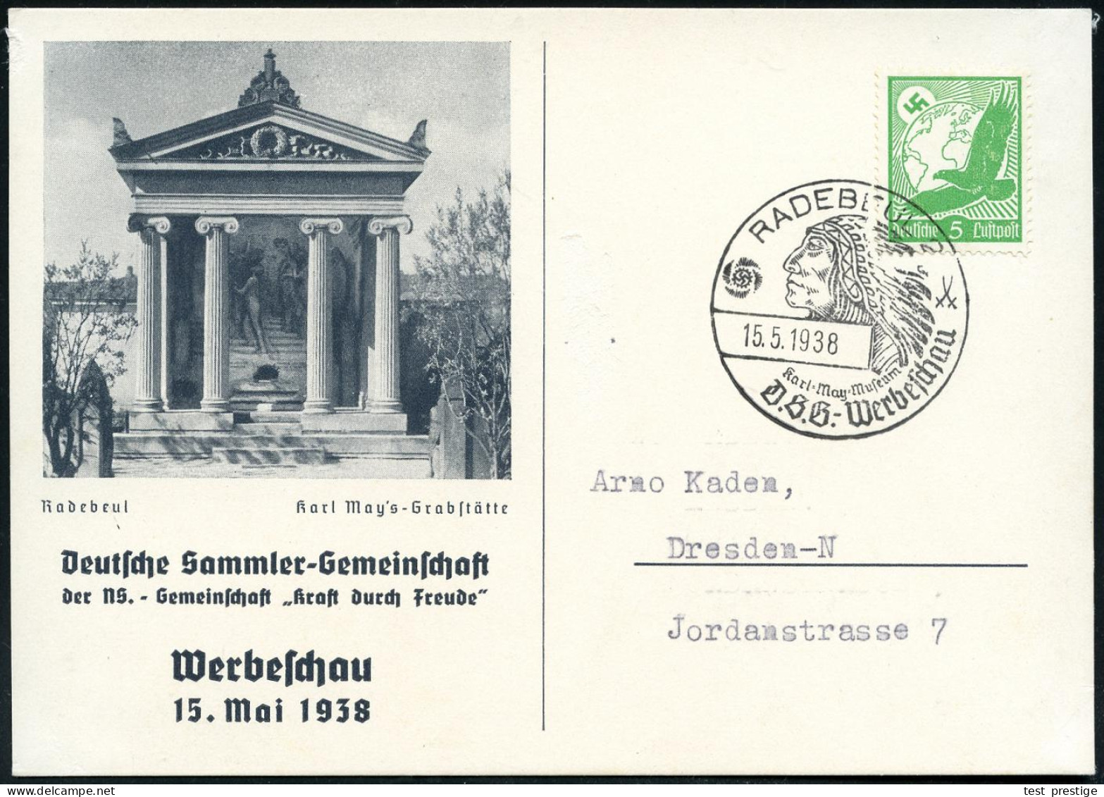 RADEBEUL 2/ Karl-May-Museum/ DSG.. 1938 (15.5.) SSt = Indianerkopf Mit Federschmuck Klar Auf Orts-Sonder-Kt.: Karl-May-M - Ecrivains