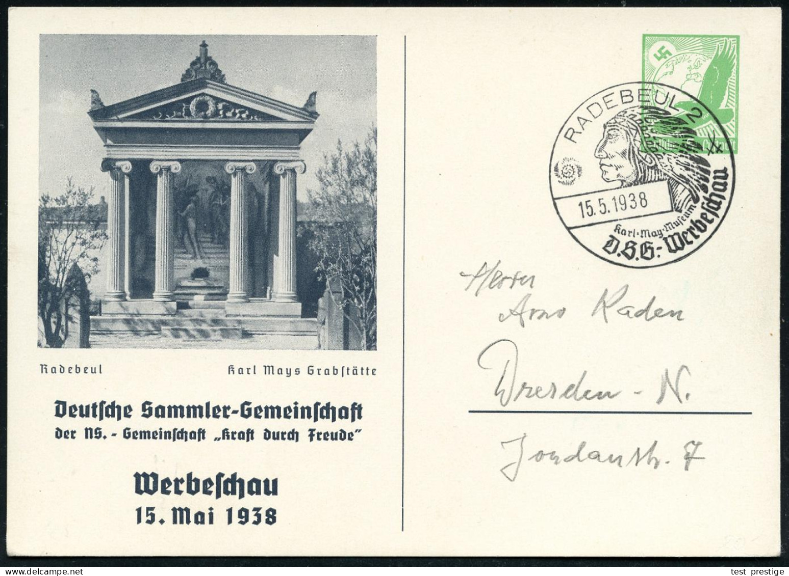 RADEBEUL 2/ Karl-May-Museum/ DSG-Werbeschau 1938 (15.5.) SSt Auf PP 5 Pf. Adler, Grün: Karl Mays Mausoleum = Grabstätte  - Schrijvers