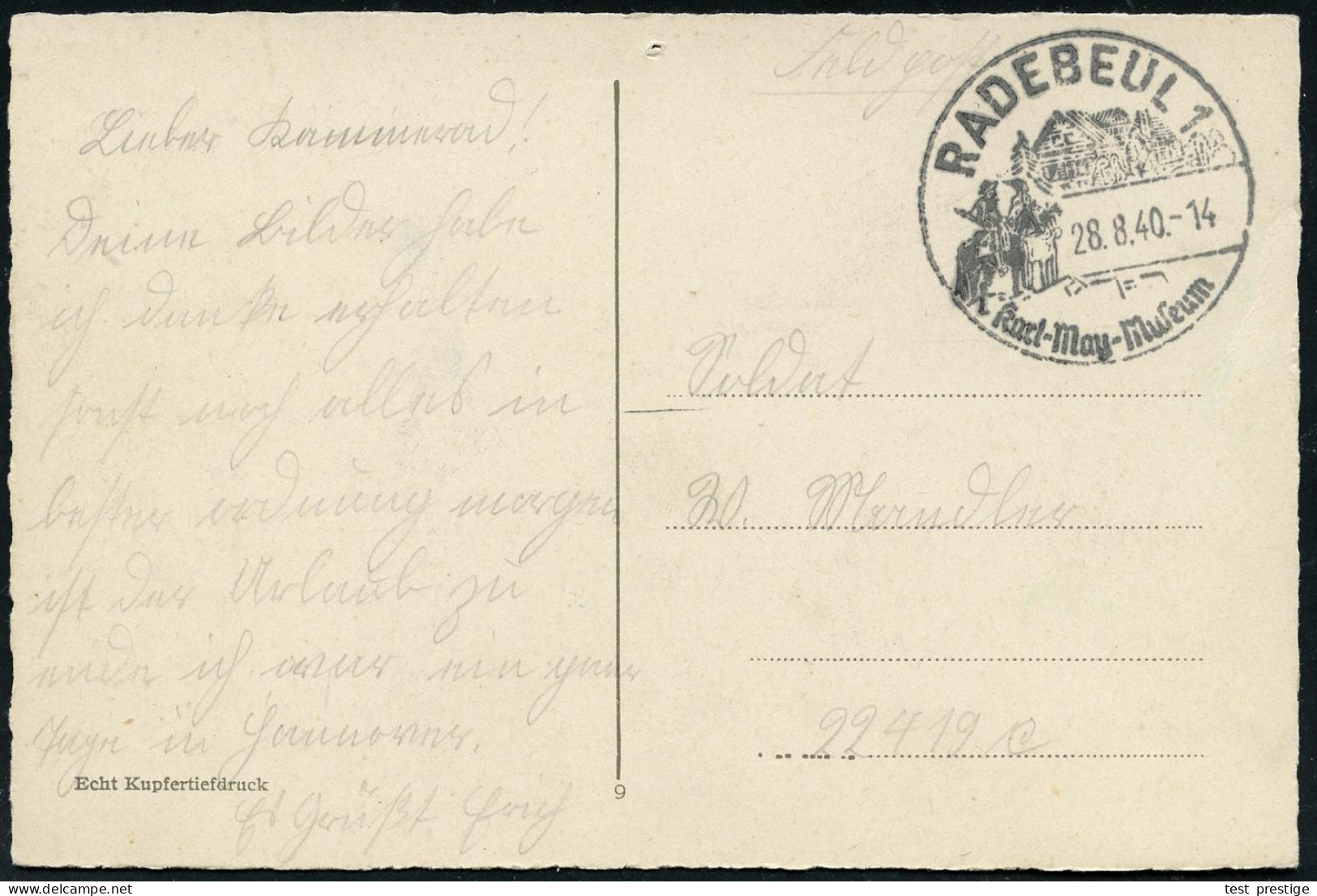 RADEBEUL !/ Karl-May-Museum 1940 (28.8.) HWSt = Old Shatterhand U. Winnetou (zu Pferd Vor "Villa Bärenfett") Klar Ges.Fe - Writers