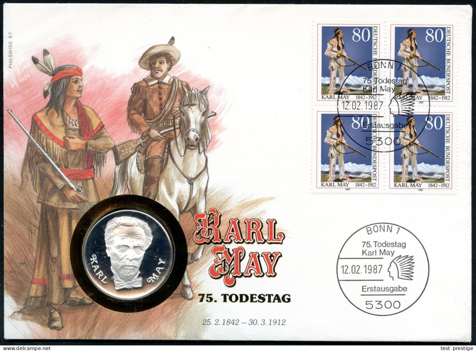 B.R.D. 1987 (12.2.) 80 Pf. "75. Todestag Karl May", 4er-Block = Winnetou + ET-SSt.: 5300 BONN 1 + Karl-May-Medaille = Mü - Schriftsteller