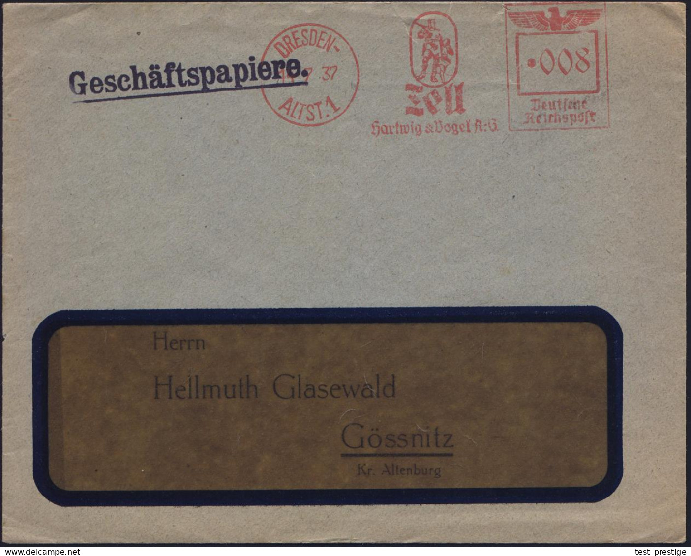 DRESDEN-/ ALTST.1/ Tell/ Hartwig & Vogel AG. 1937 (14.7.) AFS Francotyp = Wilhelm Tell (mit Sohn U. Armbrust) Rs. Motivg - Ecrivains