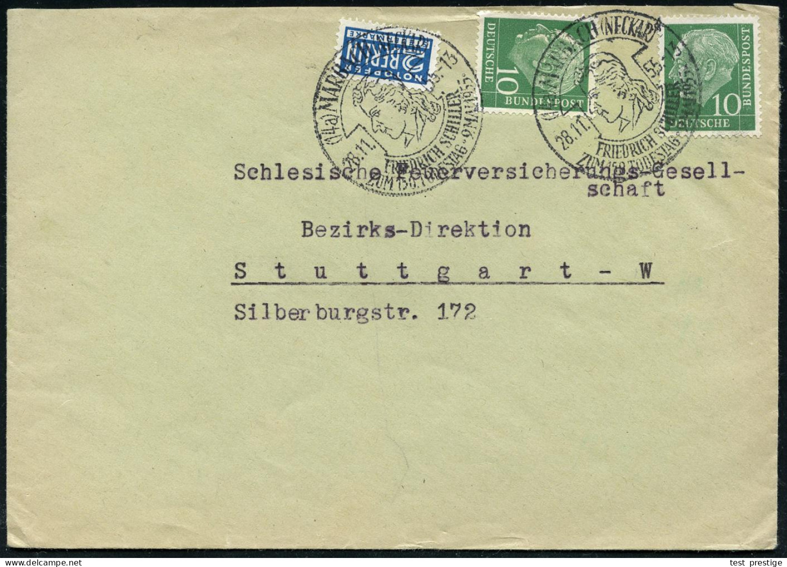 (14a) MARBACH (NECKAR)/ FIEDRICH SCHILLER/ ZUM 150.TODES 9.MAI 1955 (28.11.) Seltener SSt = Kopfbild 2x Klar Auf Inl.-Bf - Writers