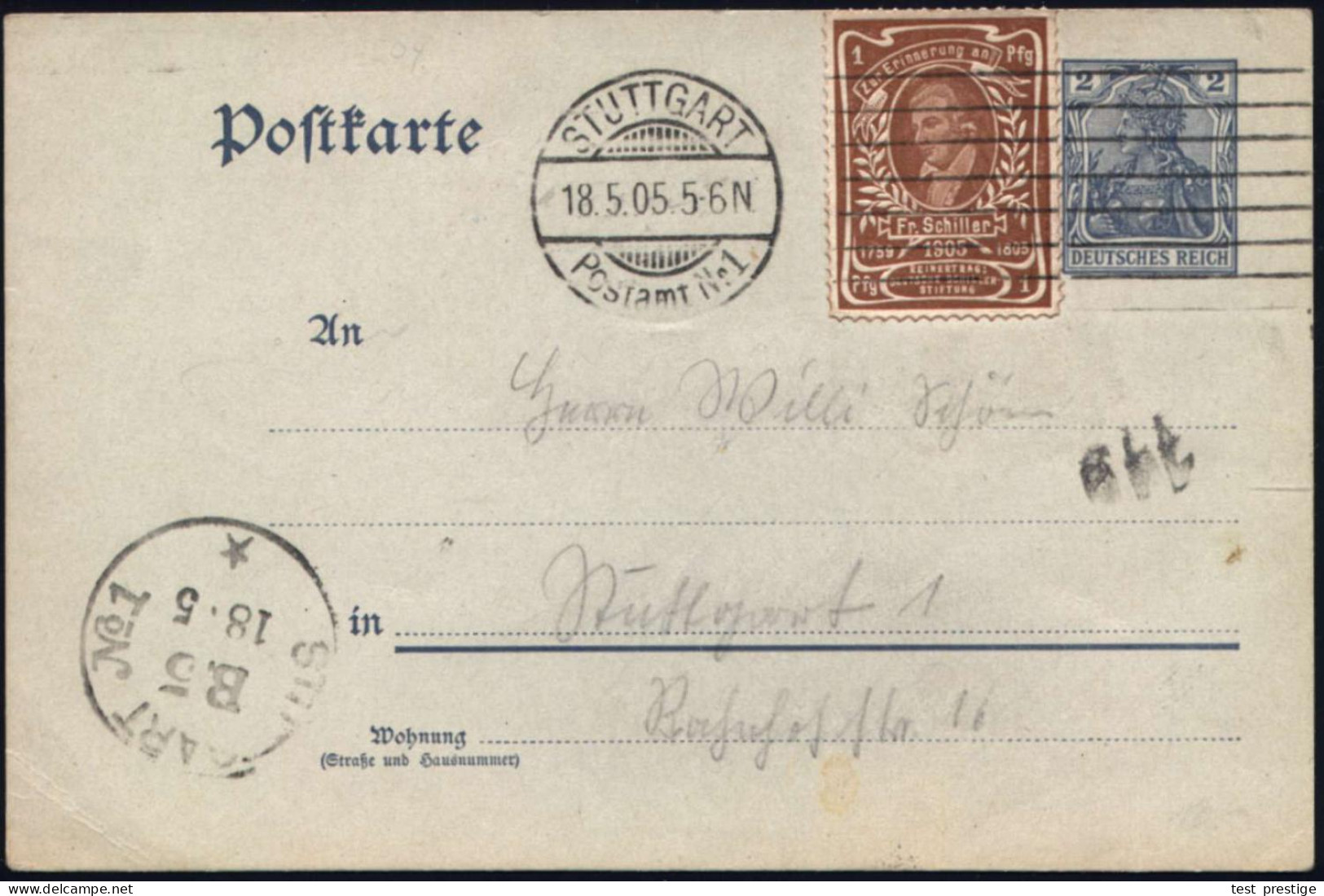 STUTTGART/ Postamt Nr.1 1905 (18.5.) MaStrichSt. "Bickerdike" Auf Orts-P 2 Pf. + Zusatzfrank. 1 Pf. Schiller-Spendenmark - Schrijvers