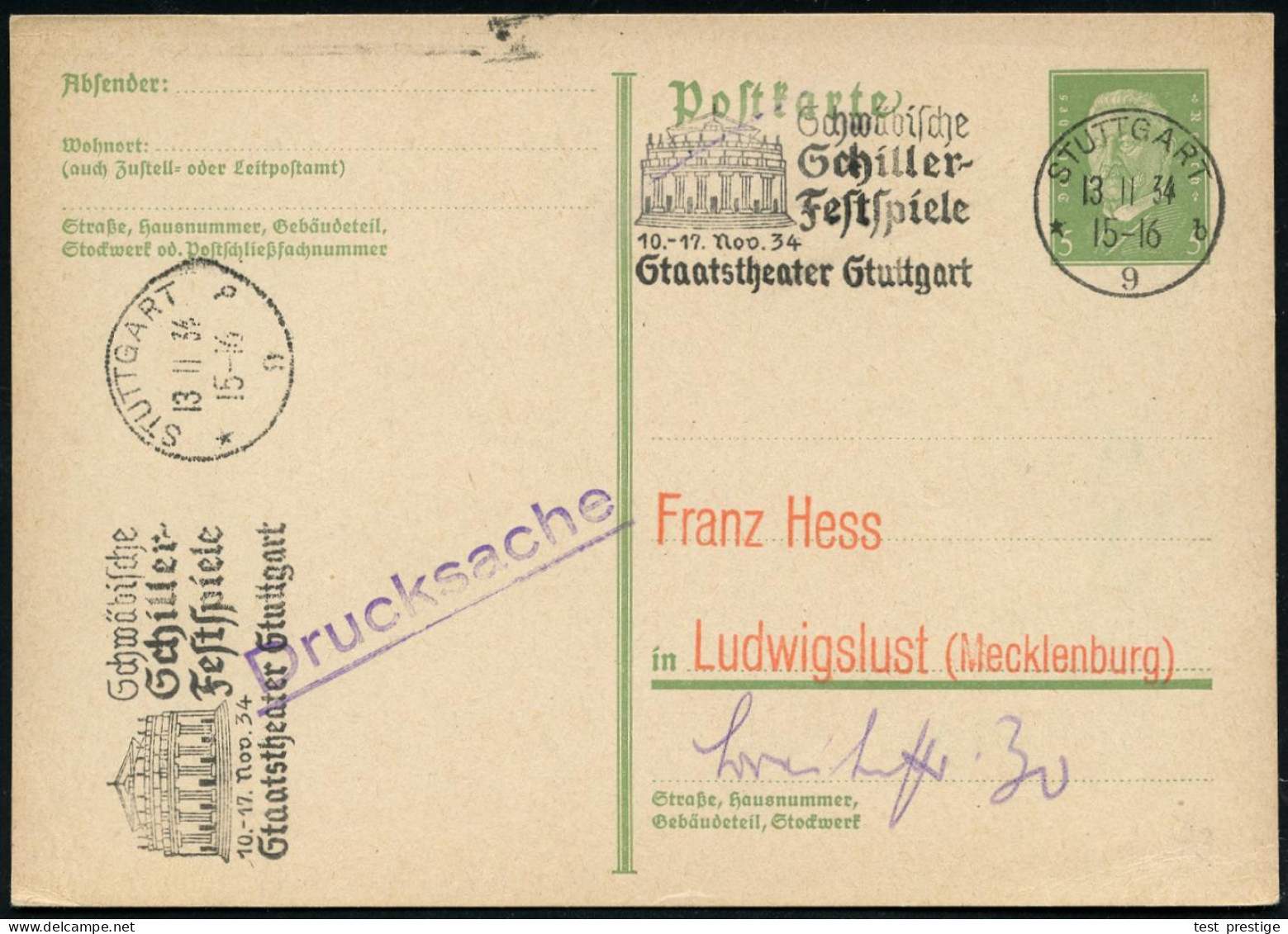 STUTTGART/ *9b/ Schwäbische/ Schiller-/ Festspiele/ 10.-17.Nov. 1934 (13.11.) Seltener MWSt = Staatstheater 2x Klar Auf  - Schriftsteller