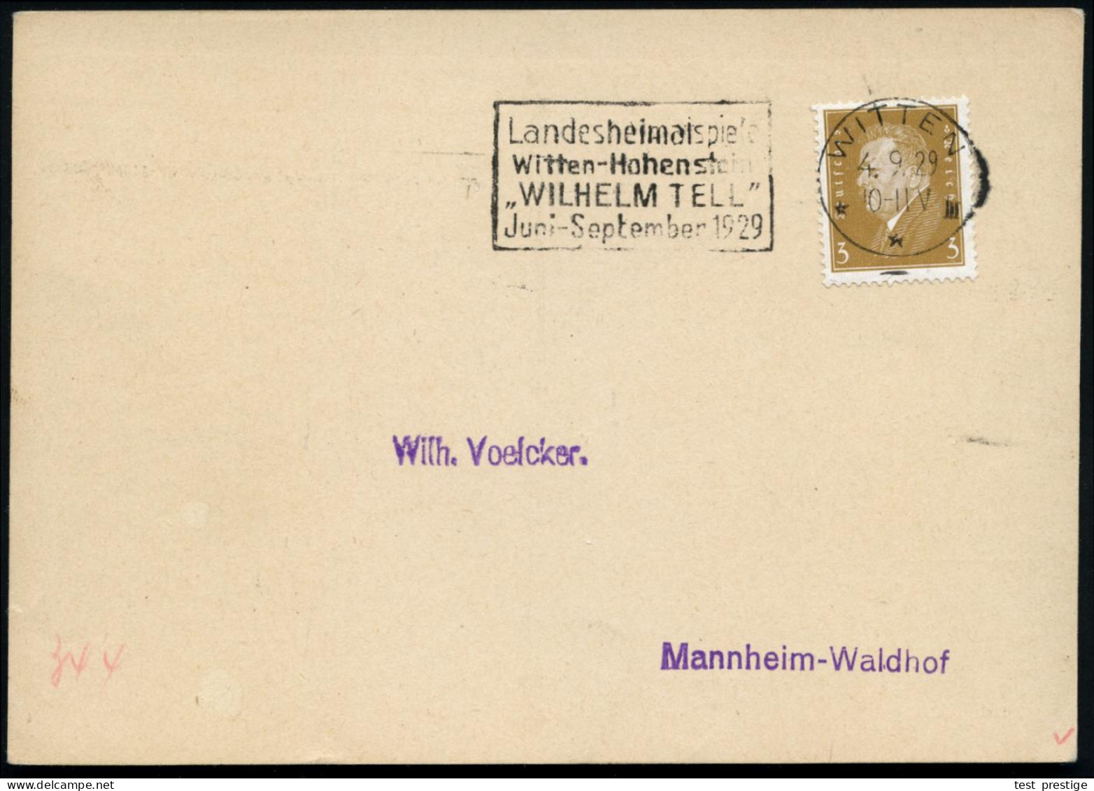 WITTEN/ **I/ Landesheimatspiele/ "Wilhelm Tell"/ Mai-Sept. 1926 (10.6.) Seltener MWSt Klar Auf Inl.-Kt. (Bo.2 A) - JOHAN - Schrijvers