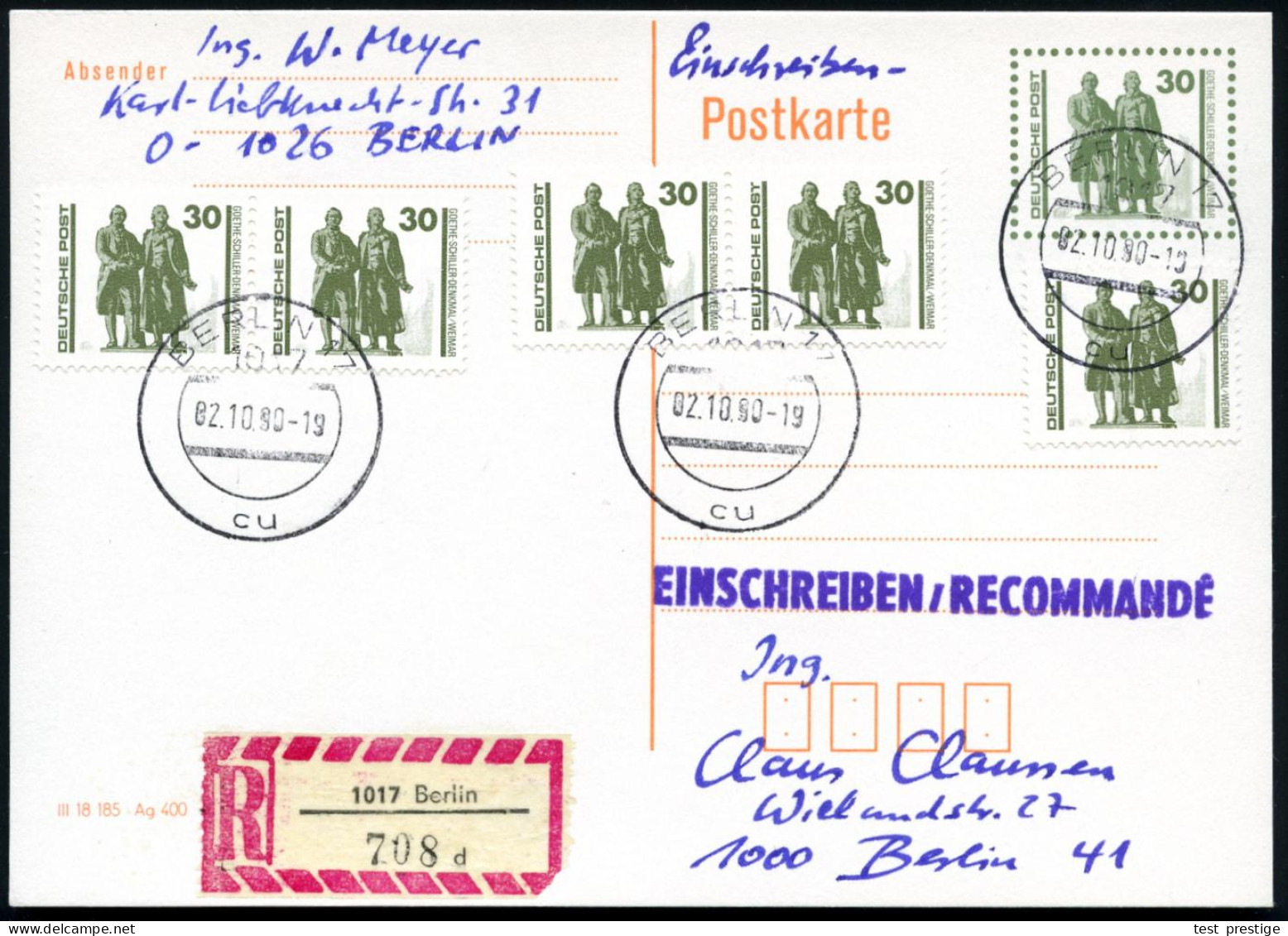 D.D.R. 1990 (2.10.) 30 Pf. Goethe-Schiller + Motivreine .Zusatzfrank. 30 Pf. Goethe/Schiller (5x) + RZ: 1017 Berlin/d (= - Ecrivains