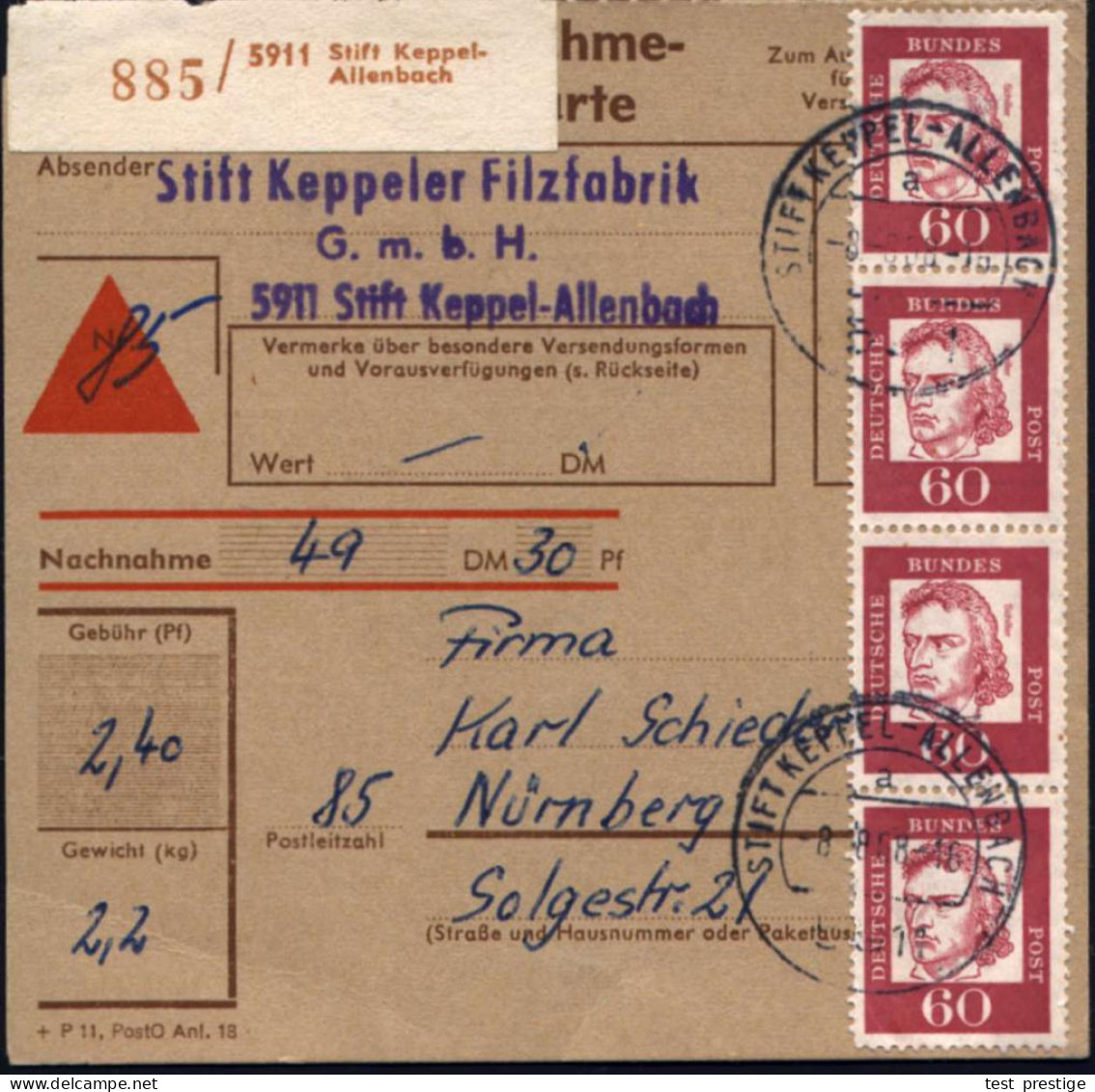 B.R.D. 1968 (8.8.) 60 Pf. Friedr. Schiller, Reine MeF: Vertikaler 4er-Streifen (Rollenmarken Daher Einige Zahnunregelmäß - Escritores