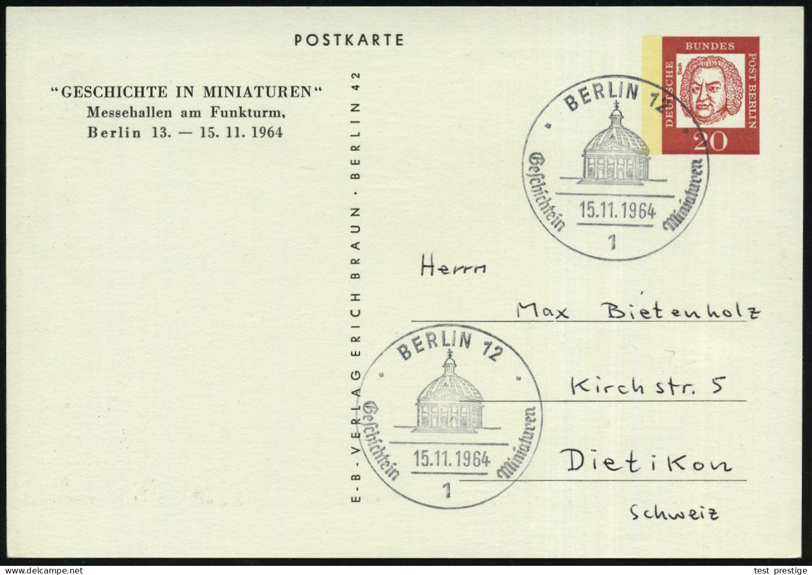 1 BERLIN 12/ Geschichte In Miniaturen 1964 (15.11.) SSt = St. Hedwigs-Kathedrale Auf PP 20 Pf. Bach, Rot:  Die Tafel-run - Writers