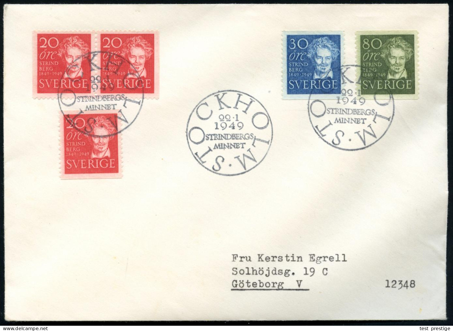 SCHWEDEN 1949 (22.1.) A. Strindberg, überkpl. Satz , 3x ET-SSt.: STOCKHOLM, Bedarfs-Inl:-FDC + Info-Karte, 2 Belege  (Mi - Schriftsteller