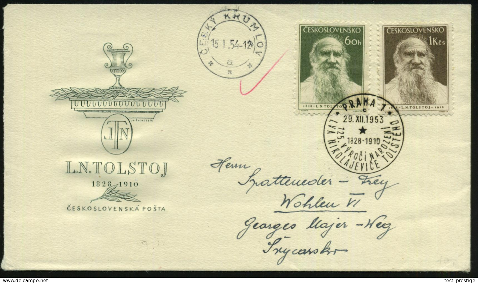 TSCHECHOSLOWAKEI 1954 (8.2.) Leo Tolstoi, Kompl. Satz + Tolstoi-SSt.: PRAHA 1 , Sauber Gest. + Rs. Zensur-2K., Ausl.-Zen - Escritores