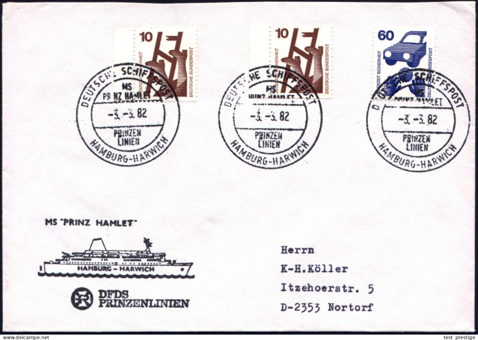 B.R.D. 1982 (3.3.) 2K-BPA: DEUTSCHE SCHIFFSPOST/MS/PRINZ  H A M L E T / PRINZEN/LINIEN/HAMBURG - HARWI (= MS. "Prinz Ham - Schriftsteller