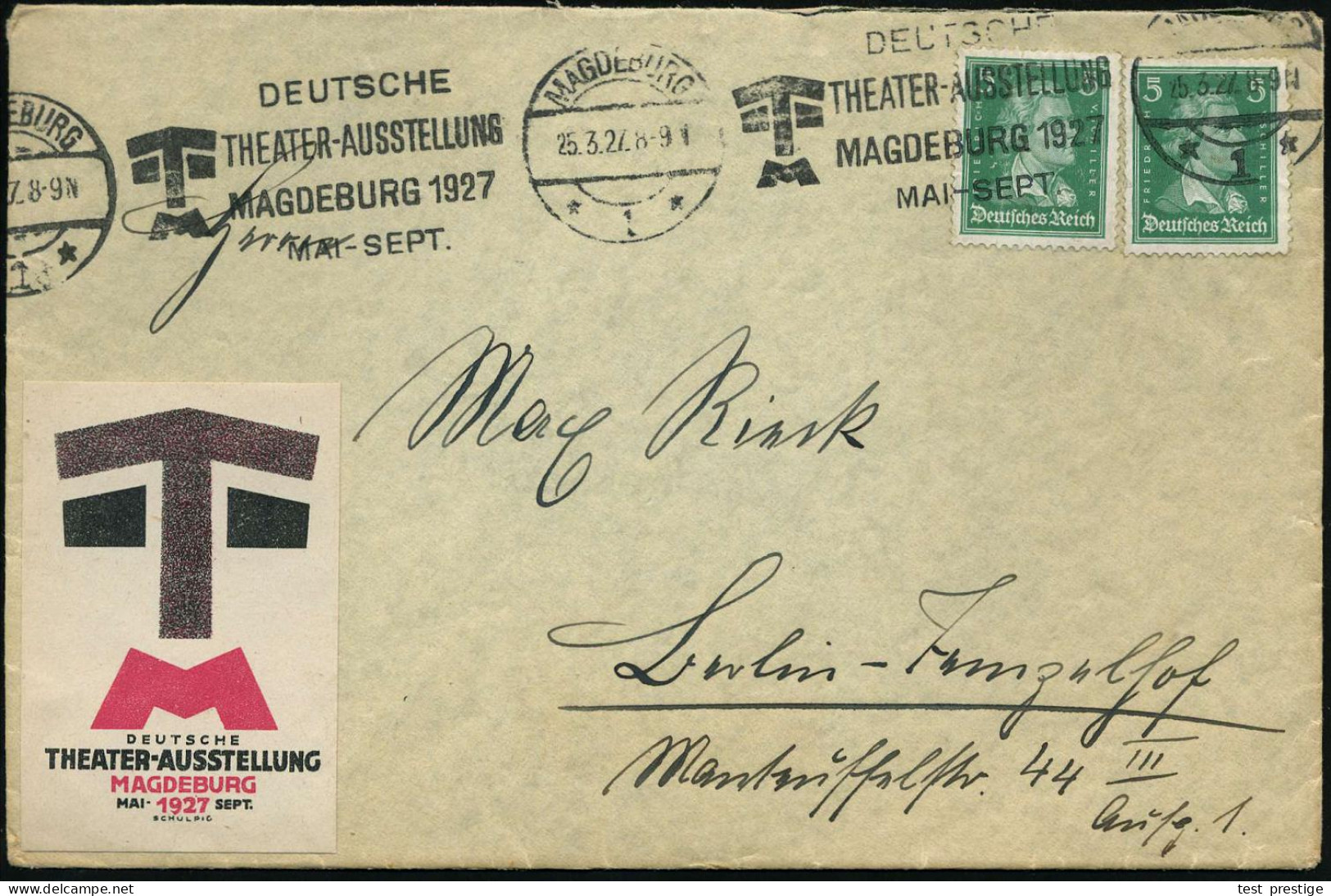 MAGDEBURG/ *1*/ DEUTSCHE/ THEATER-AUSSTELLUNG.. 1927 (25.3.) Band-MWSt (Monogr.-Logo) + Motivgl., Amtl. Reklame-Vignette - Theater