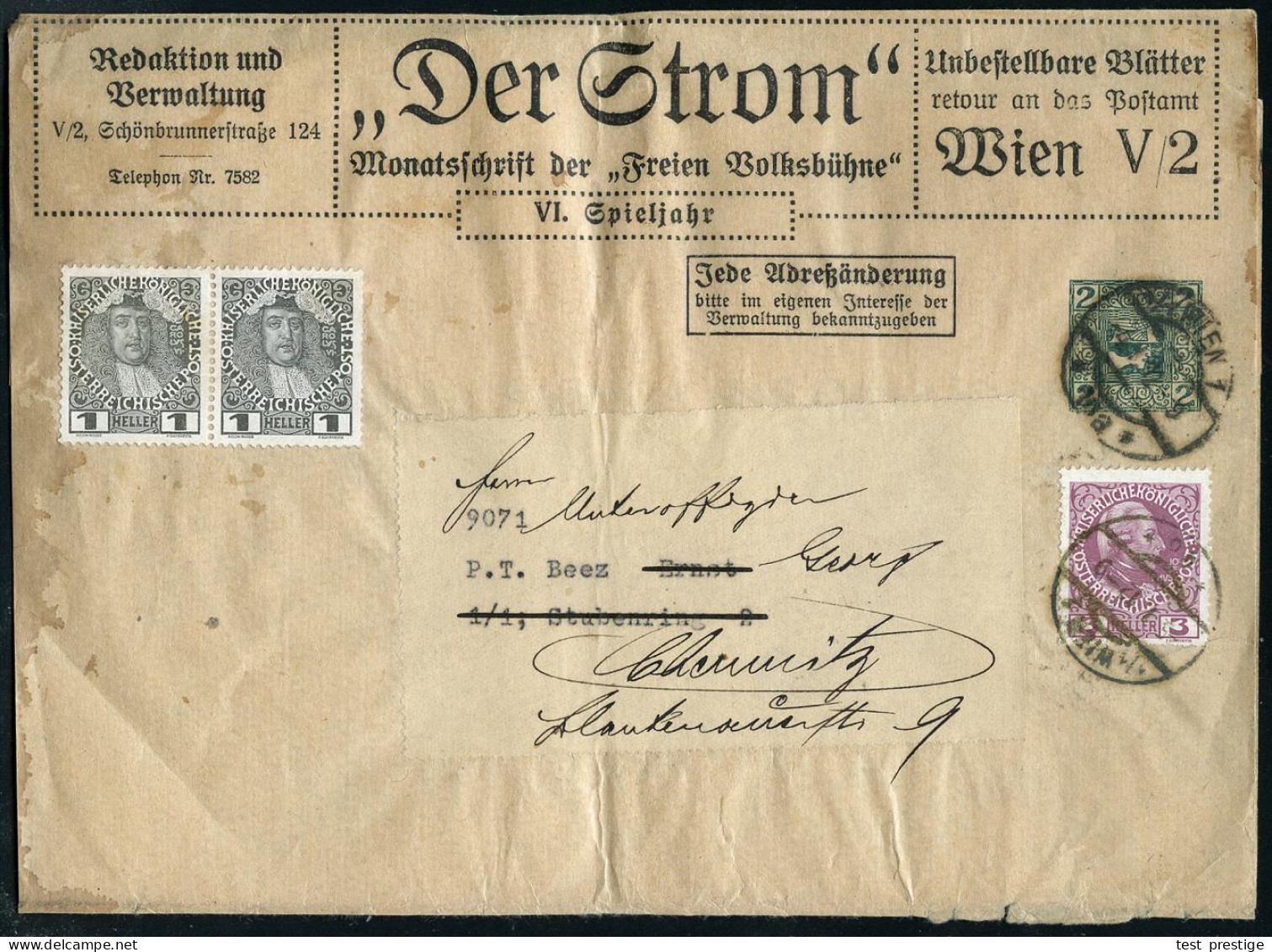 ÖSTERREICH 1912 (Jan.) Privat-Zeitungs-Sb 2 H. Merkurkopf, Grün: "Der Strom" Monatsschrift Der "Freien Volksbühne", Wien - Théâtre